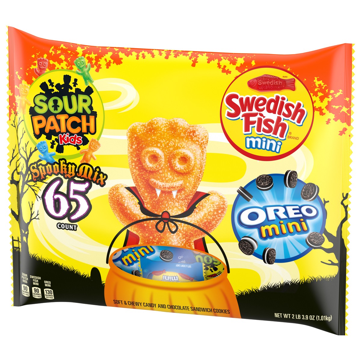 slide 3 of 9, Sour Patch/Swedish Fish Red SOUR PATCH KIDS, OREO Mini Chocolate Sandwich Cookies & SWEDISH FISH Mini Halloween Candy Variety Pack, 65 Trick or Treat Bags, 35.9 oz