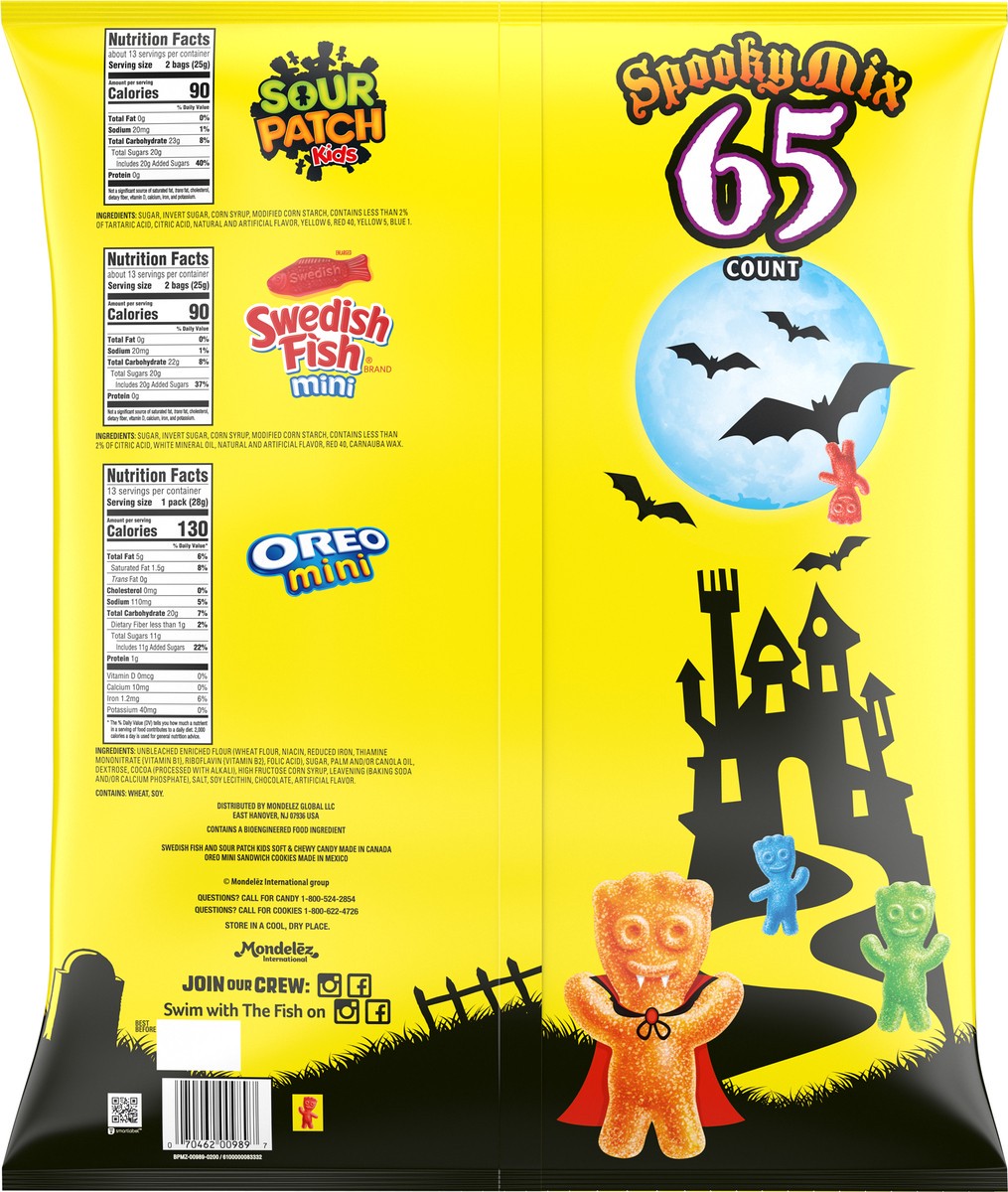 slide 5 of 9, Sour Patch/Swedish Fish Red SOUR PATCH KIDS, OREO Mini Chocolate Sandwich Cookies & SWEDISH FISH Mini Halloween Candy Variety Pack, 65 Trick or Treat Bags, 35.9 oz