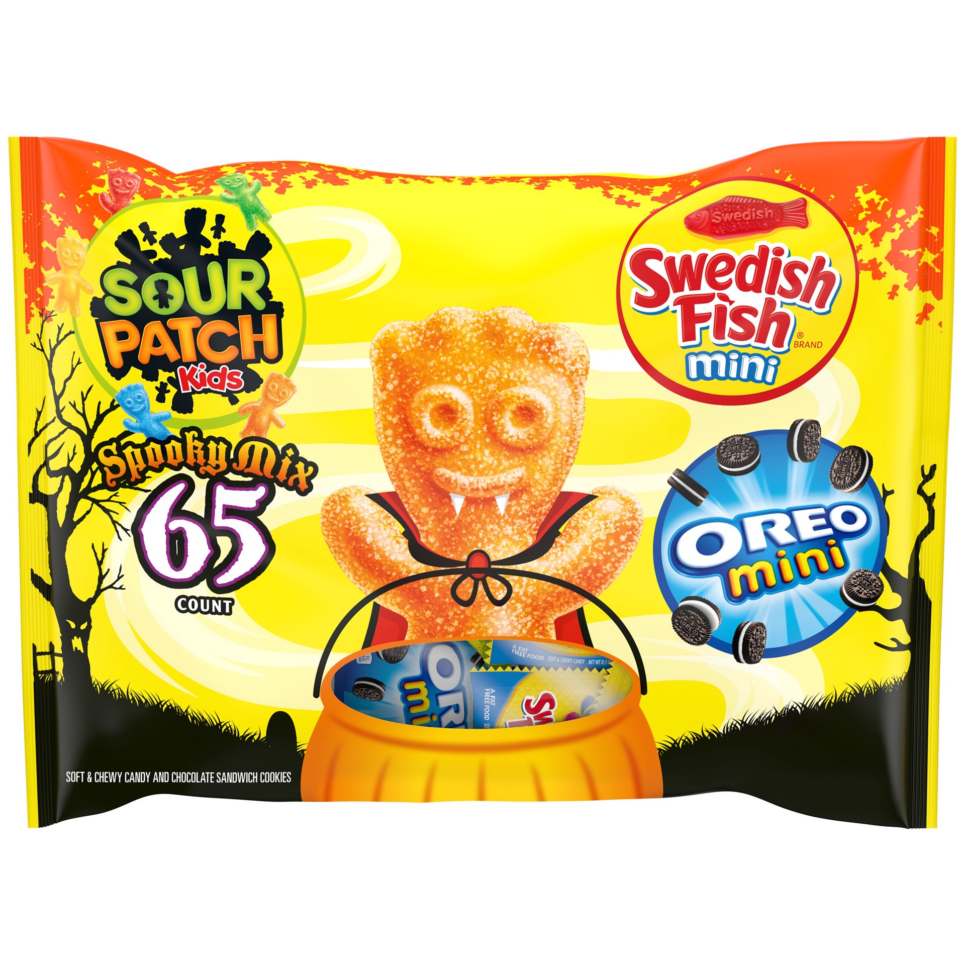 slide 1 of 9, Sour Patch/Swedish Fish Red SOUR PATCH KIDS, OREO Mini Chocolate Sandwich Cookies & SWEDISH FISH Mini Halloween Candy Variety Pack, 65 Trick or Treat Bags, 35.9 oz