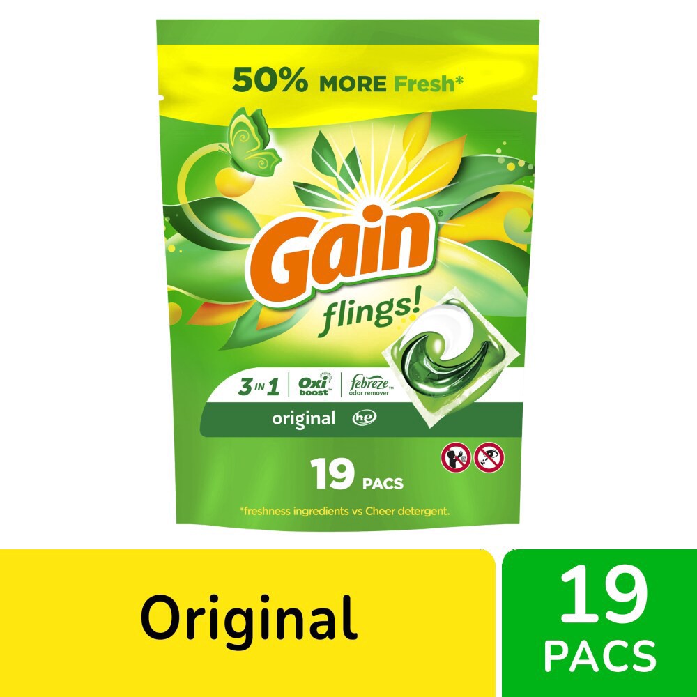 slide 1 of 1, Gain® Flings Oxi Boost™ Febreze™ 3-in-1 Original Laundry Detergent Pods, 19 ct