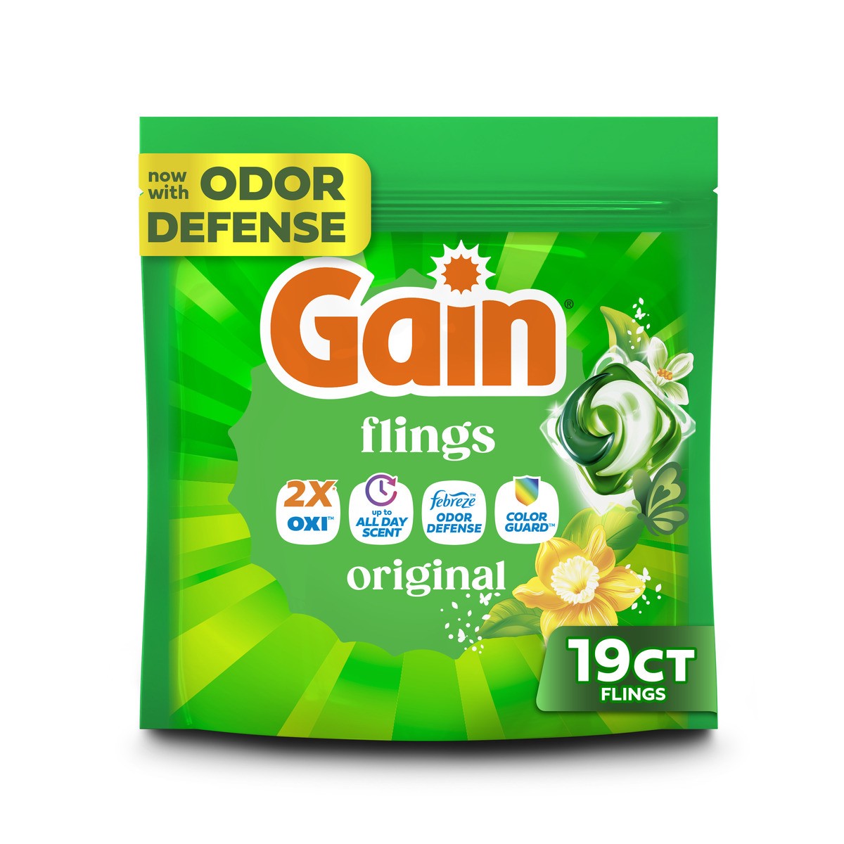 slide 1 of 10, Gain® Flings Oxi Boost™ Febreze™ 3-in-1 Original Laundry Detergent Pods, 19 ct