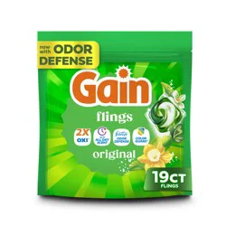 Gain Flings Liquid Washing Detergent pacs, Now with Odor Defense + Color Guard, Original Scent, 19 Count, 4-In-1 liquid laundry detergent pacs (Oxi, up to all day scent, Febreze Odor Defense and color guard), clean & fresh