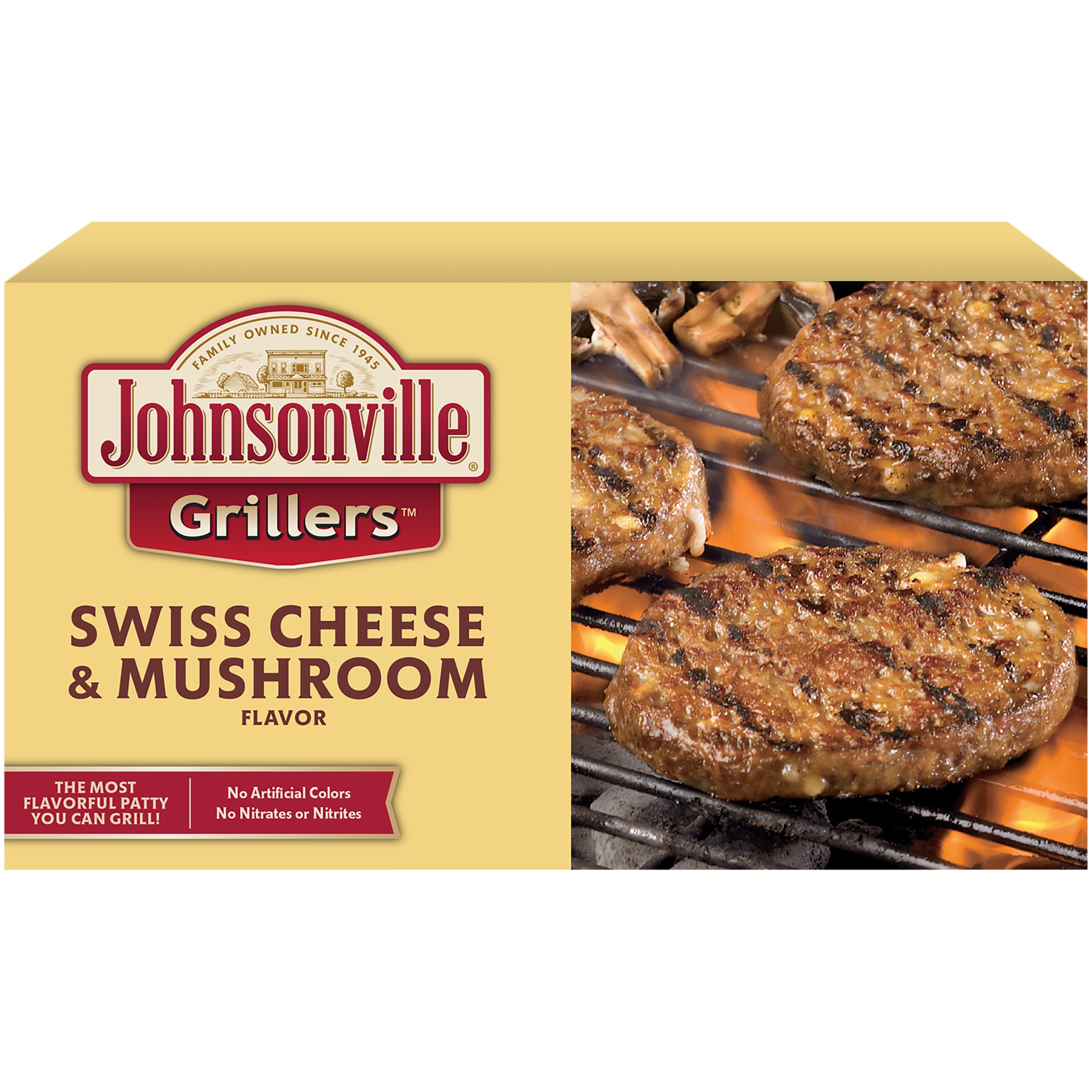 slide 2 of 4, Johnsonville Grillers Swiss Cheese & Mushroom Patties, 1.5 lb