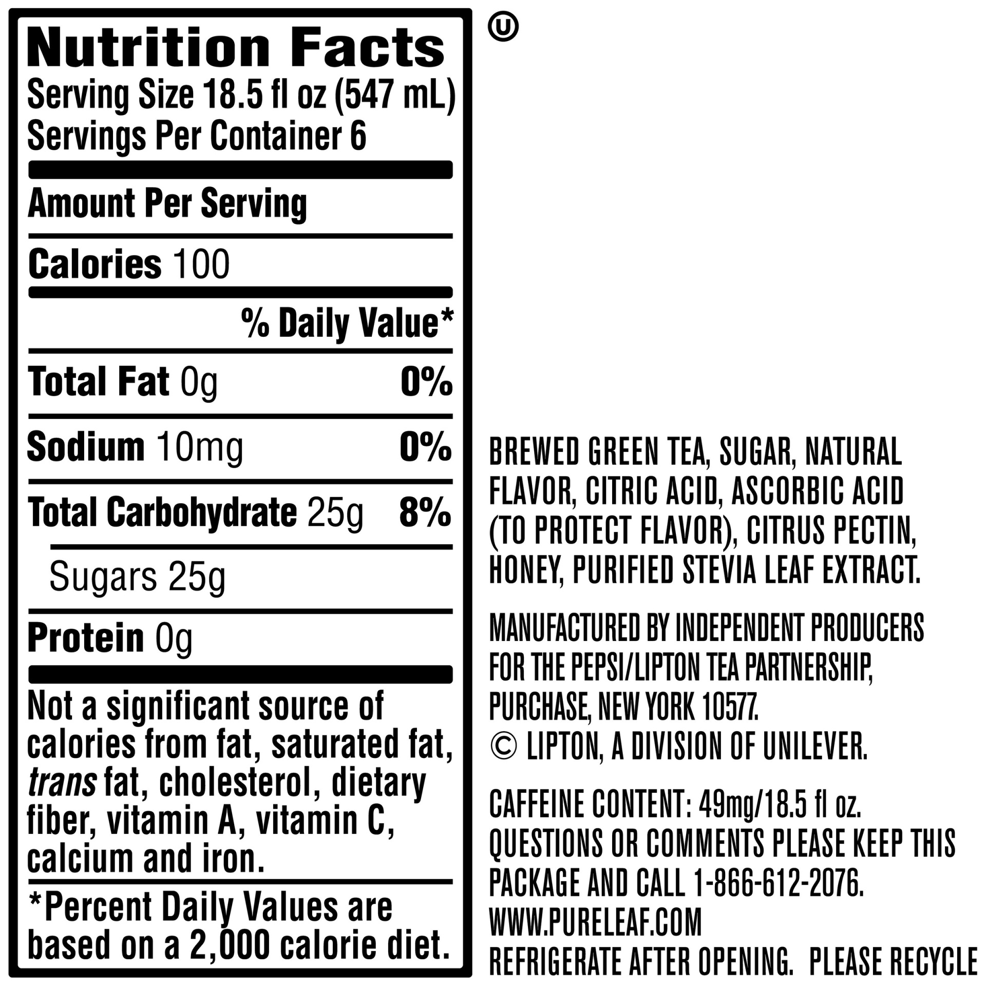 slide 3 of 3, Pure Leaf Iced Tea Not Too Sweet Green With Honey, 6 ct; 18.5 fl oz