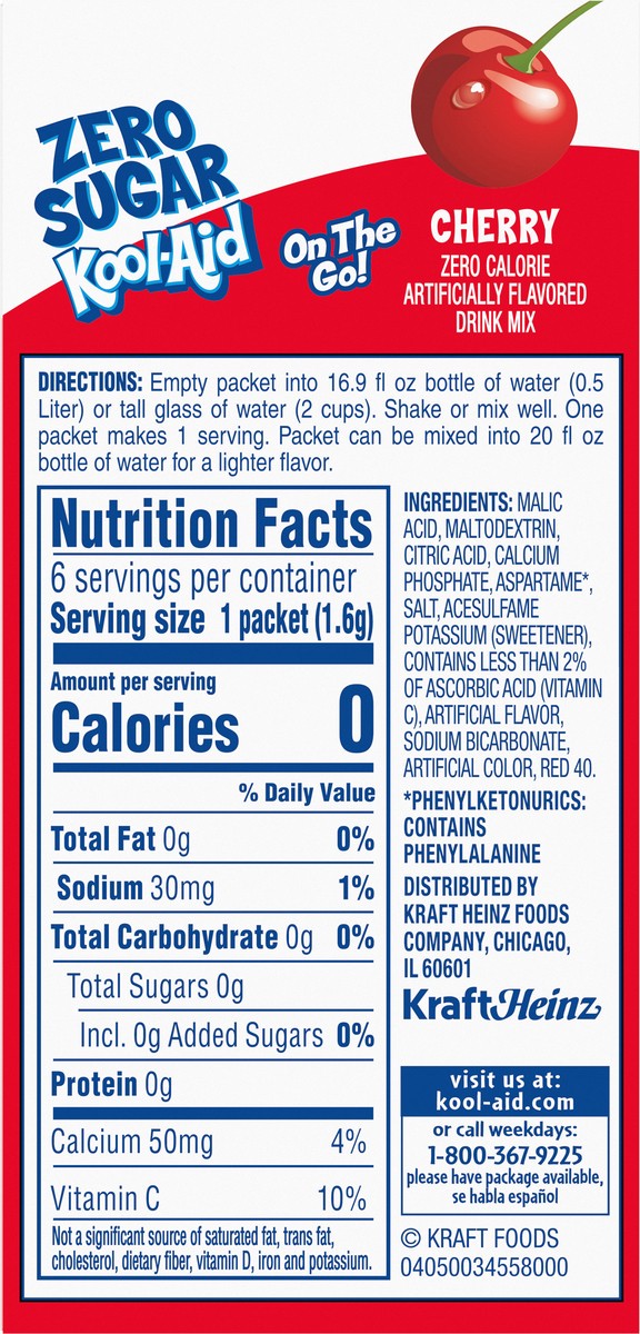 slide 4 of 9, Kool-Aid Cherry Zero Sugar Artificially Flavored Drink Mix, 6 ct On-the-Go-Packets, 8 per Case, 0.35 oz