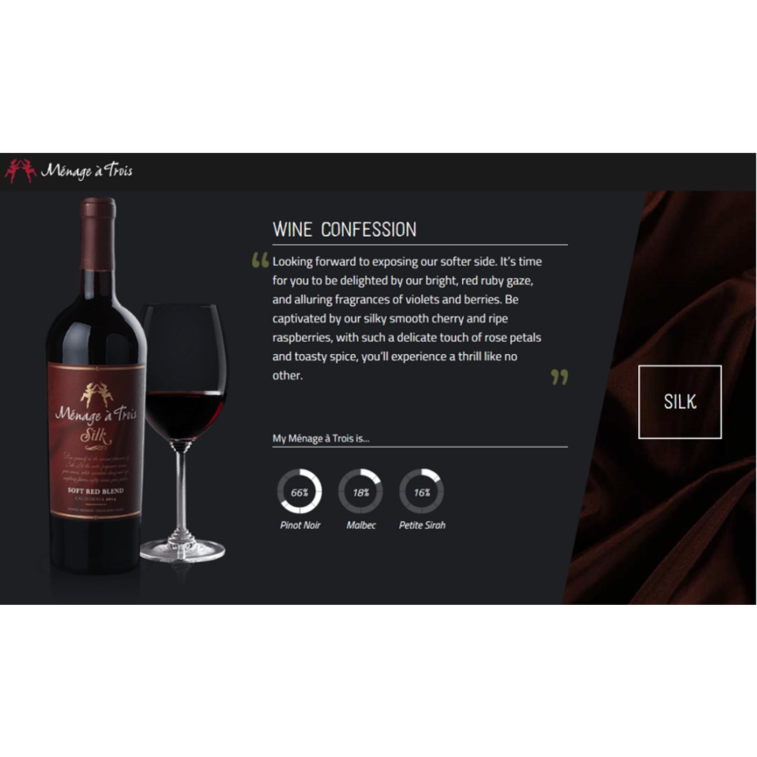 slide 5 of 8, Menage a Trois Silk California Red Wine, 750 ml Glass Bottle, 13.5% ABV, 750 ml