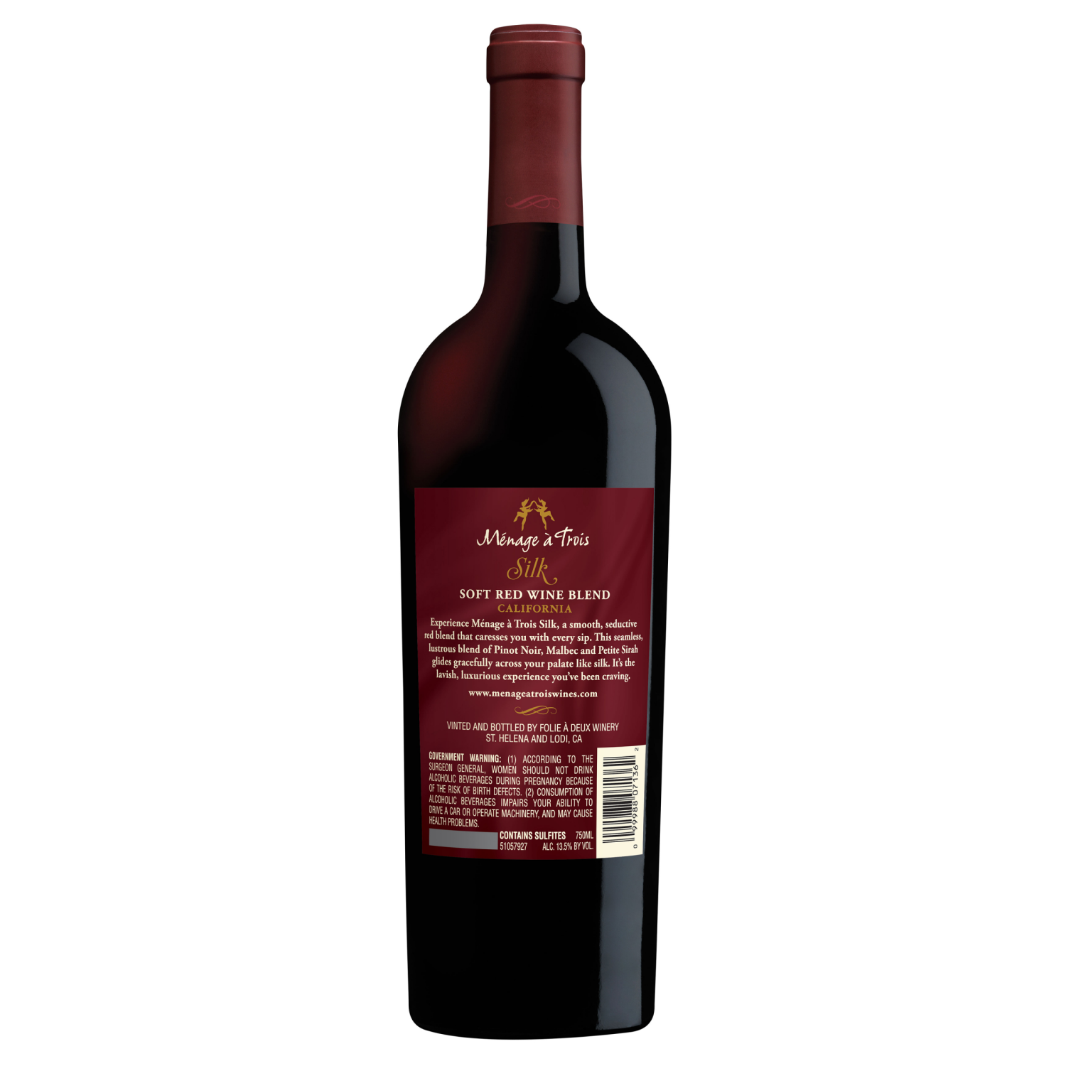 slide 8 of 8, Menage a Trois Silk California Red Wine, 750 ml Glass Bottle, 13.5% ABV, 750 ml