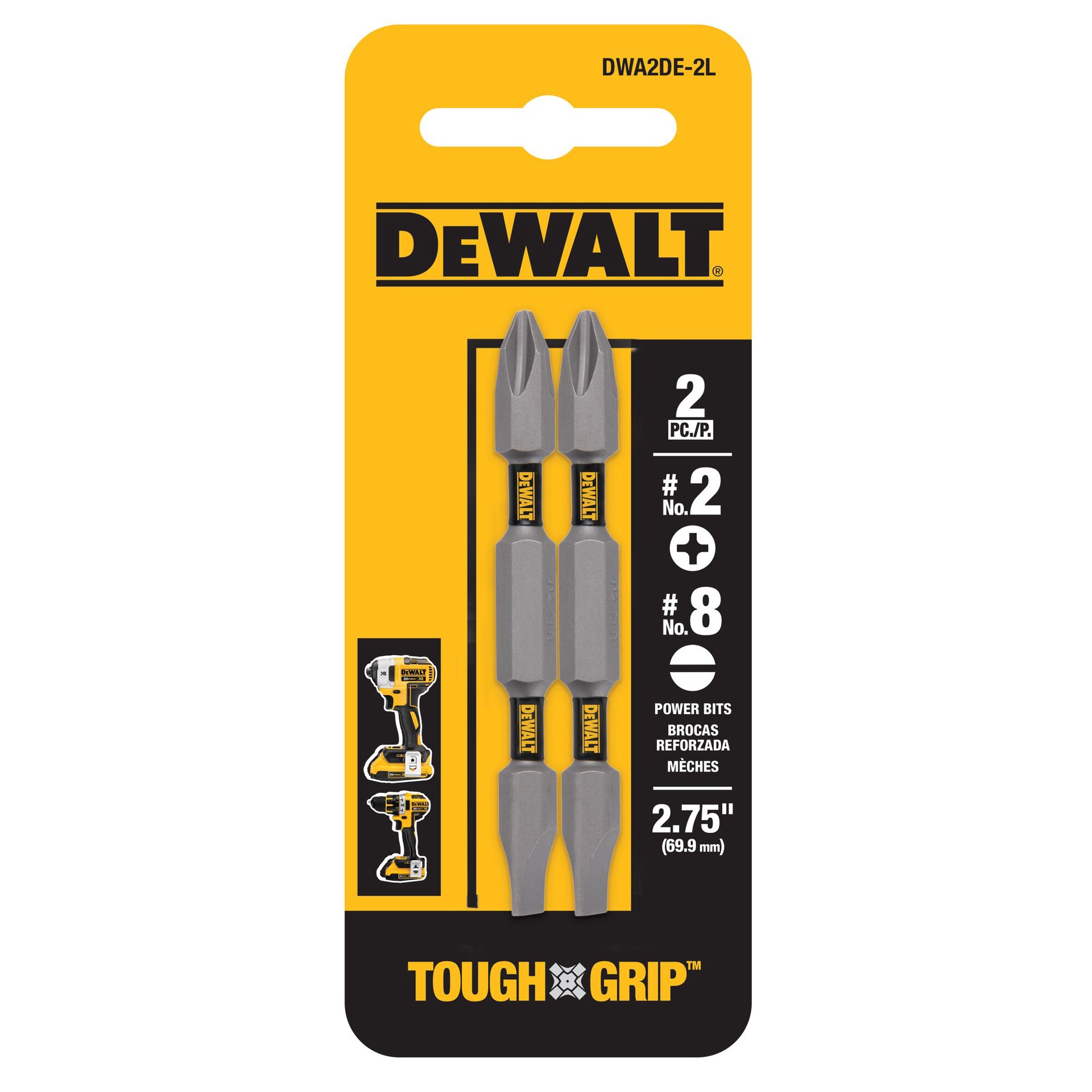 slide 1 of 1, DEWALT Tough Grip 2-3/4-in #2 Phillips/#8 Slotted Phillips/Slotted Screwdriver Bit (2-Piece), 1 ct