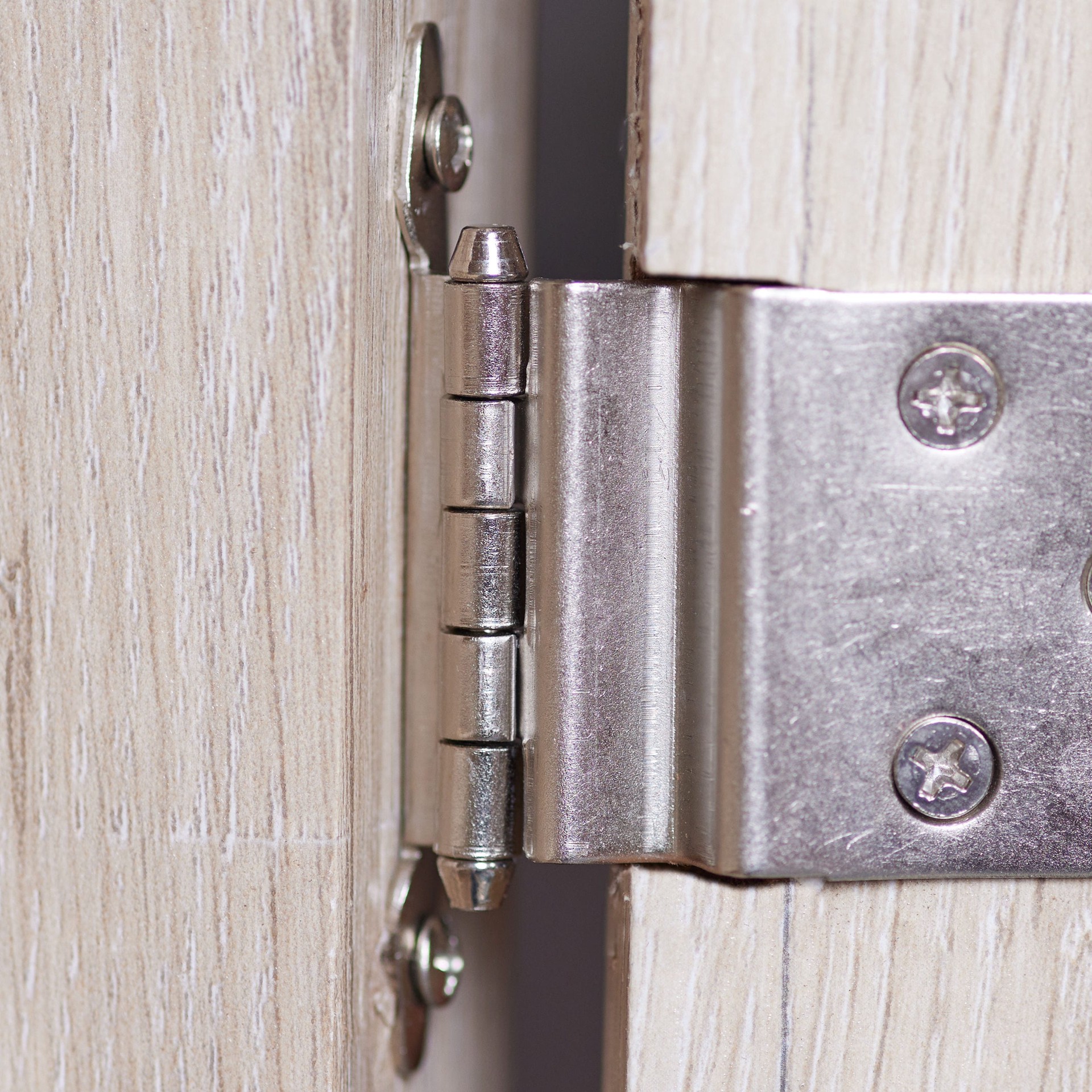 slide 5 of 6, RELIABILT 200-Degree 3/8-in Overlay 3/8-in Inset Inset Surface Satin nickel Cabinet Hinge, 1 Pair(s) 2 -Pieces, 1 ct