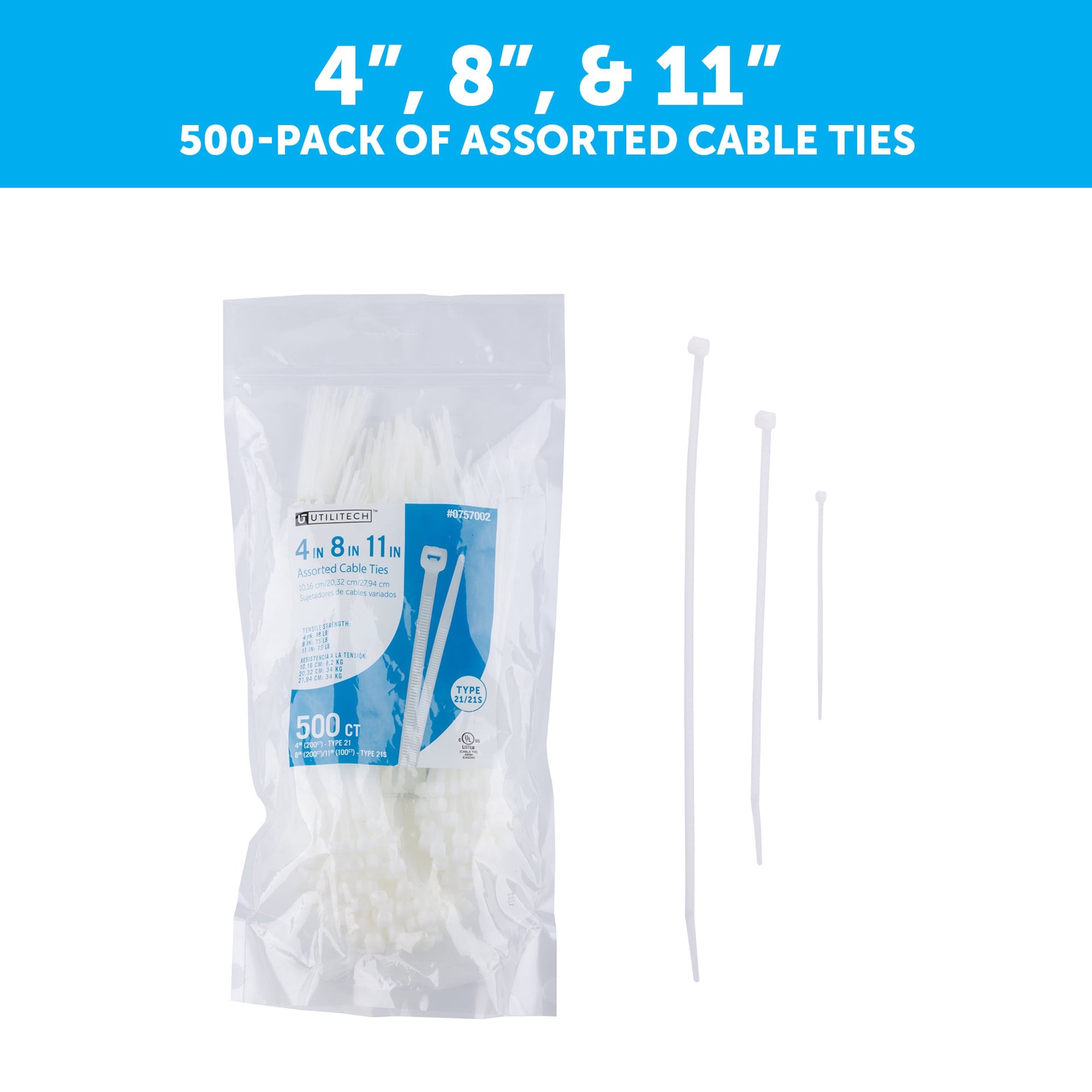 slide 2 of 6, Utilitech 75-lb Tensile Strength Multiple Sizes Nylon Zip ties Off-white 500 -Pack, 1 ct