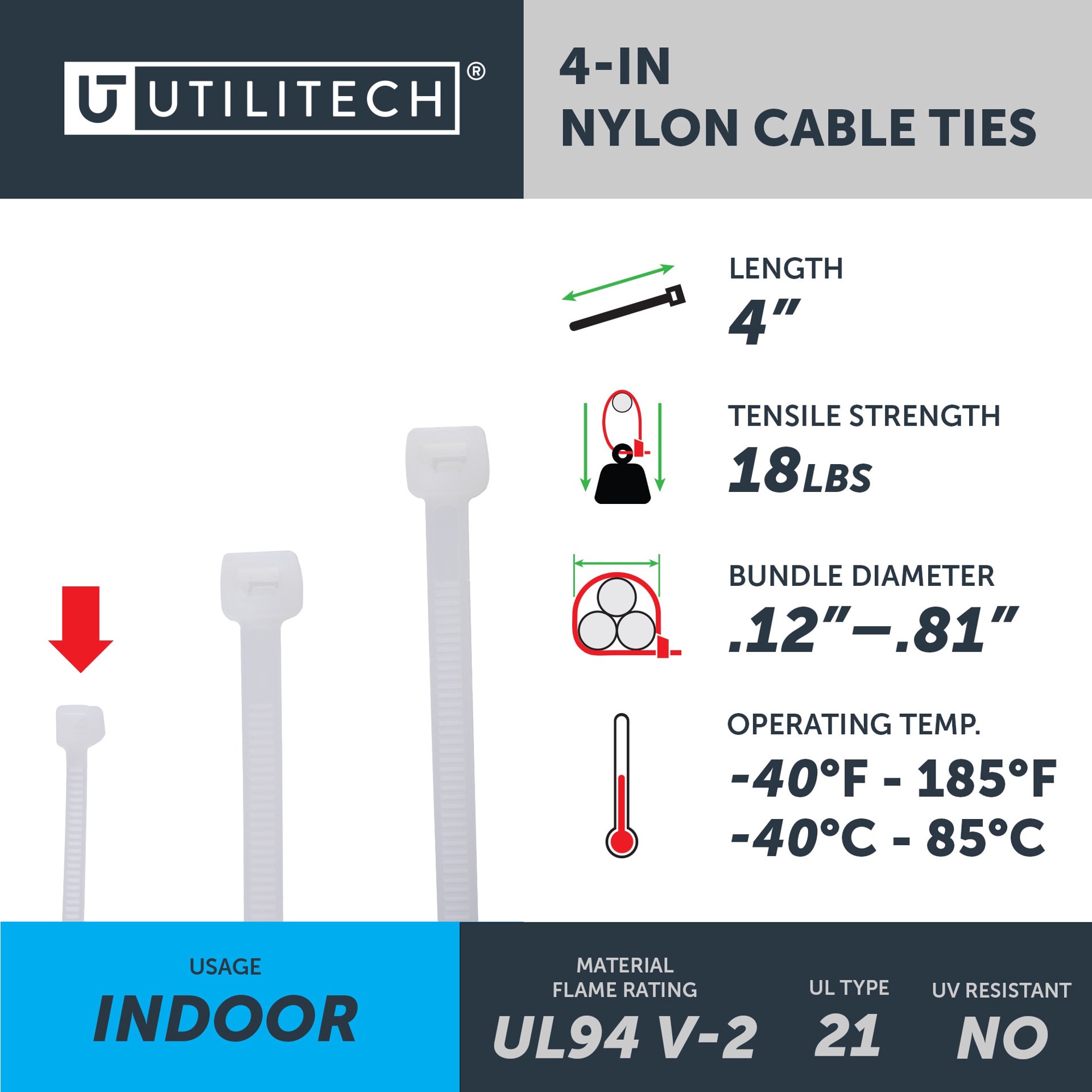 slide 4 of 6, Utilitech 75-lb Tensile Strength Multiple Sizes Nylon Zip ties Off-white 500 -Pack, 1 ct