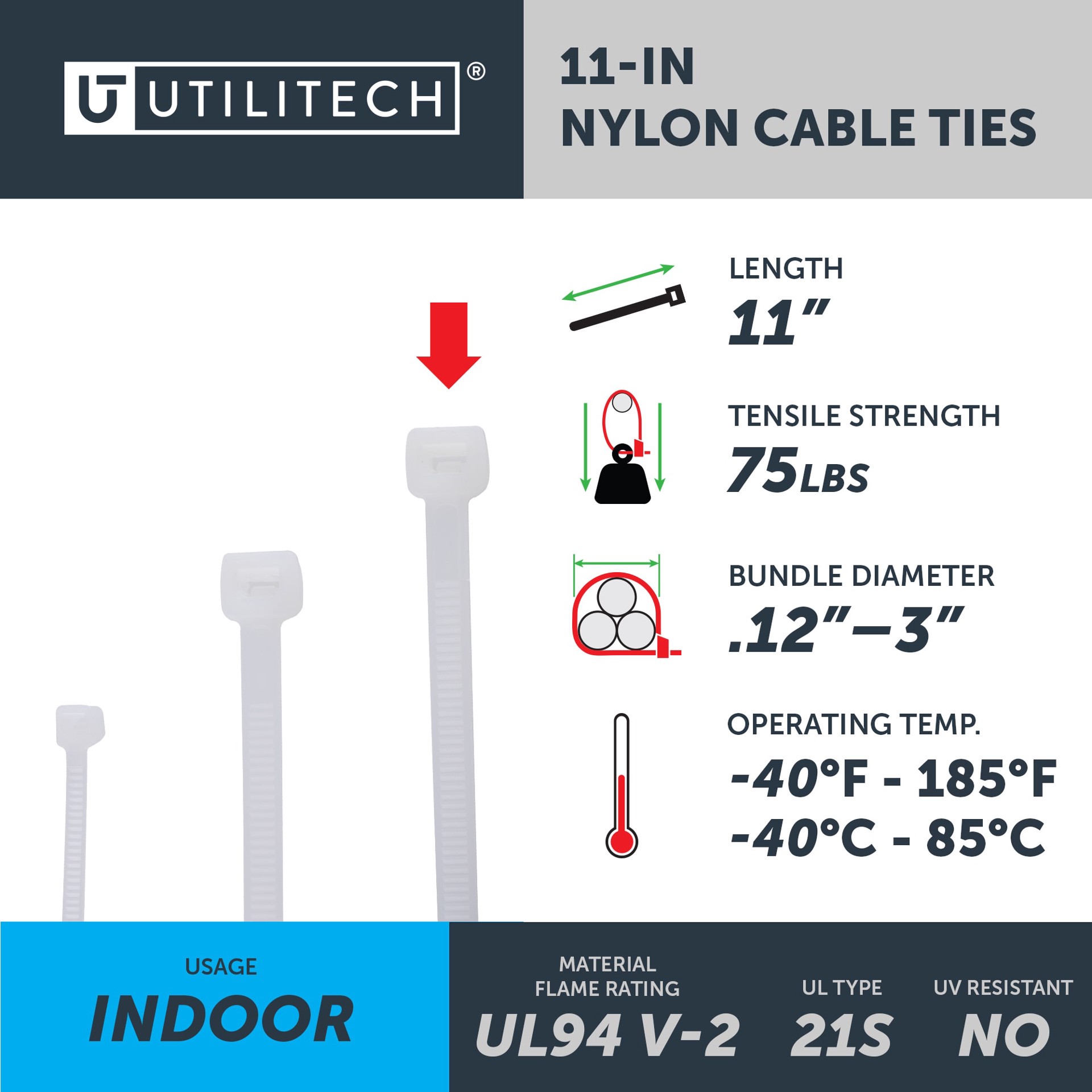 slide 6 of 6, Utilitech 75-lb Tensile Strength Multiple Sizes Nylon Zip ties Off-white 500 -Pack, 1 ct