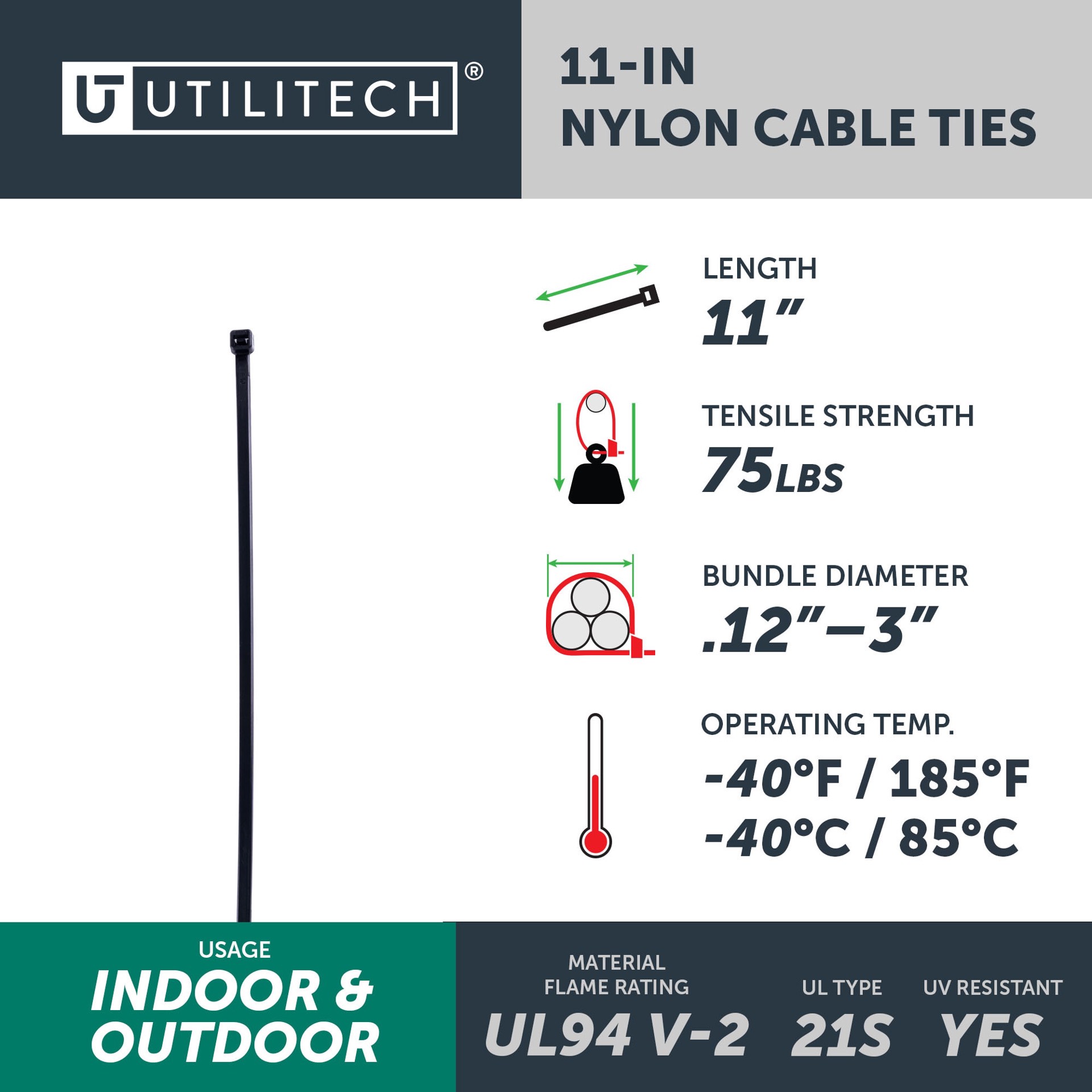 slide 4 of 6, Utilitech 11-in 75.0-lb Tensile Strength Nylon Zip ties Black with UV Protection 500 -Pack, 1 ct