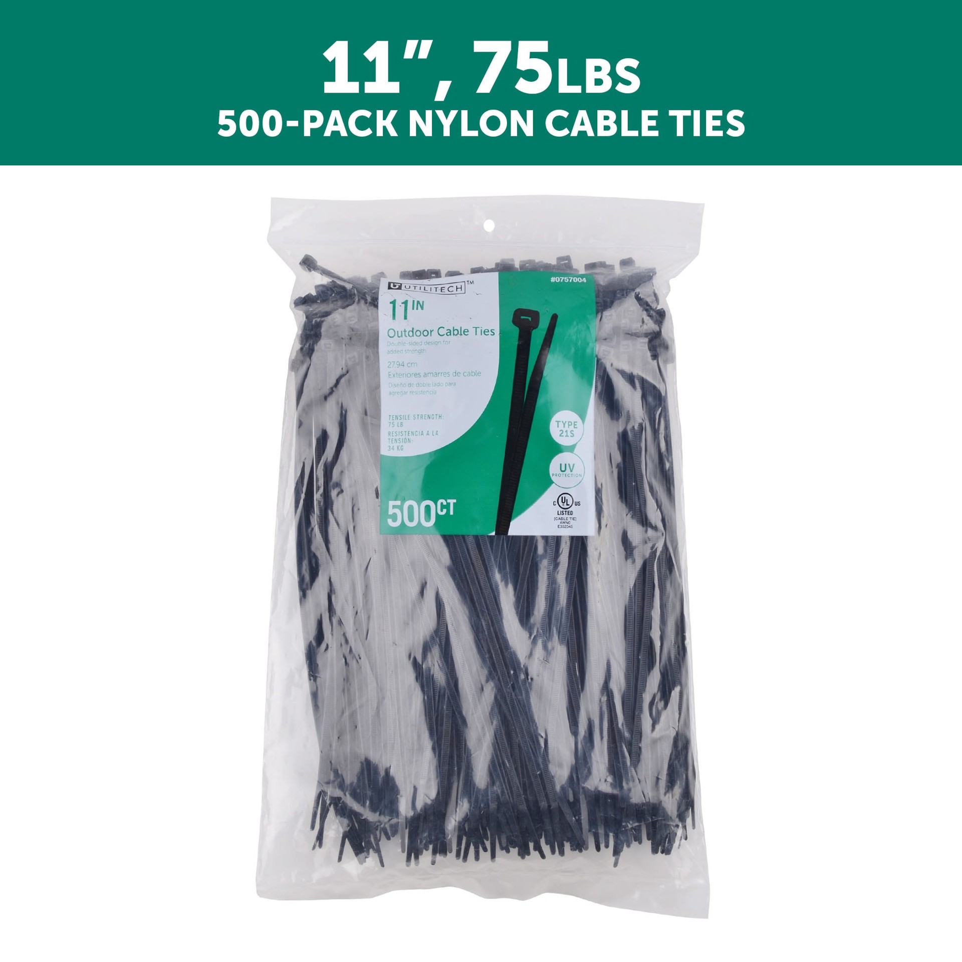 slide 2 of 6, Utilitech 11-in 75.0-lb Tensile Strength Nylon Zip ties Black with UV Protection 500 -Pack, 1 ct