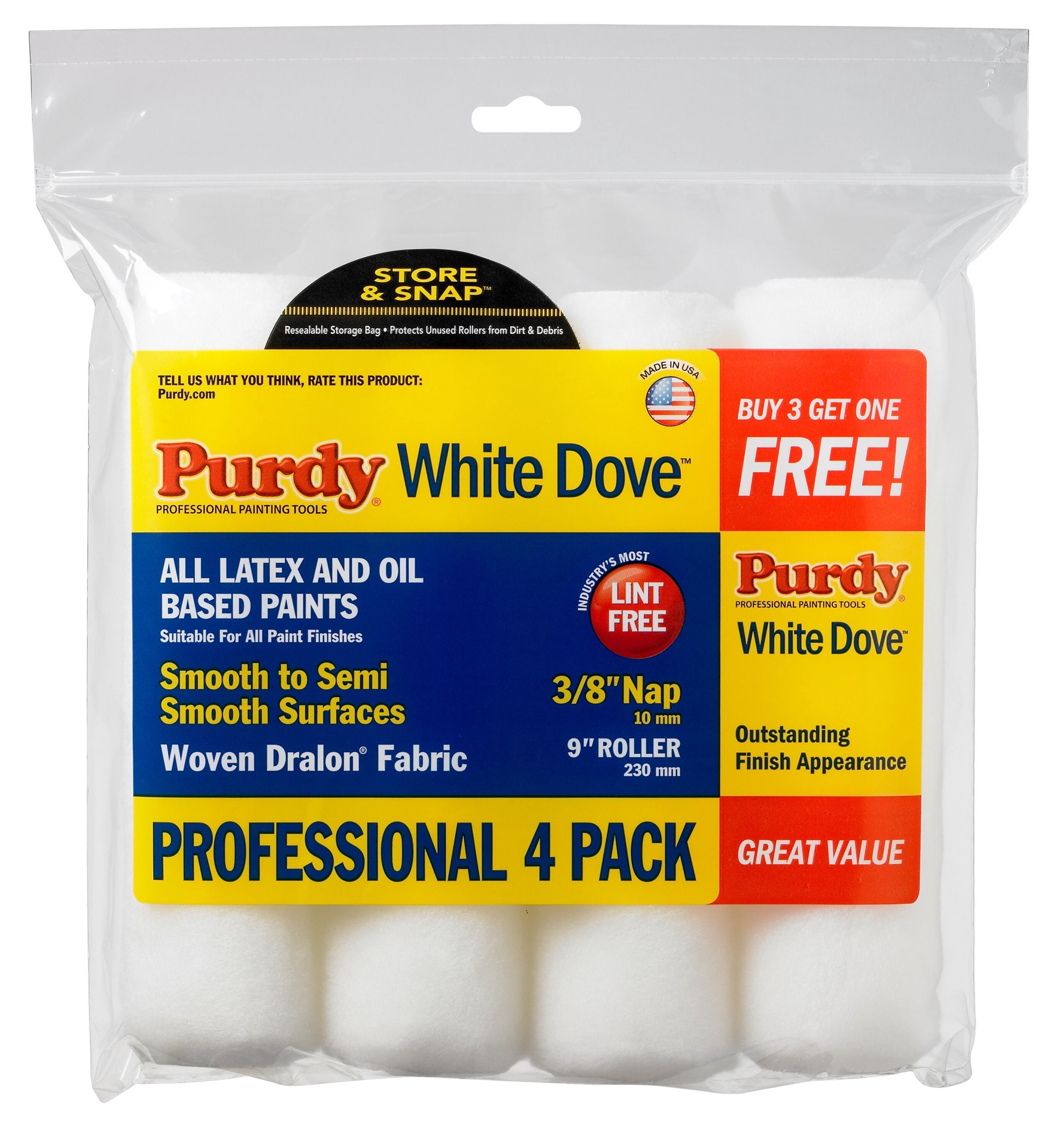 slide 1 of 6, Purdy 4 -Pack 9.0-in x 3/8-in Nap White Dove Standard Woven Paint Roller Cover, 1 ct