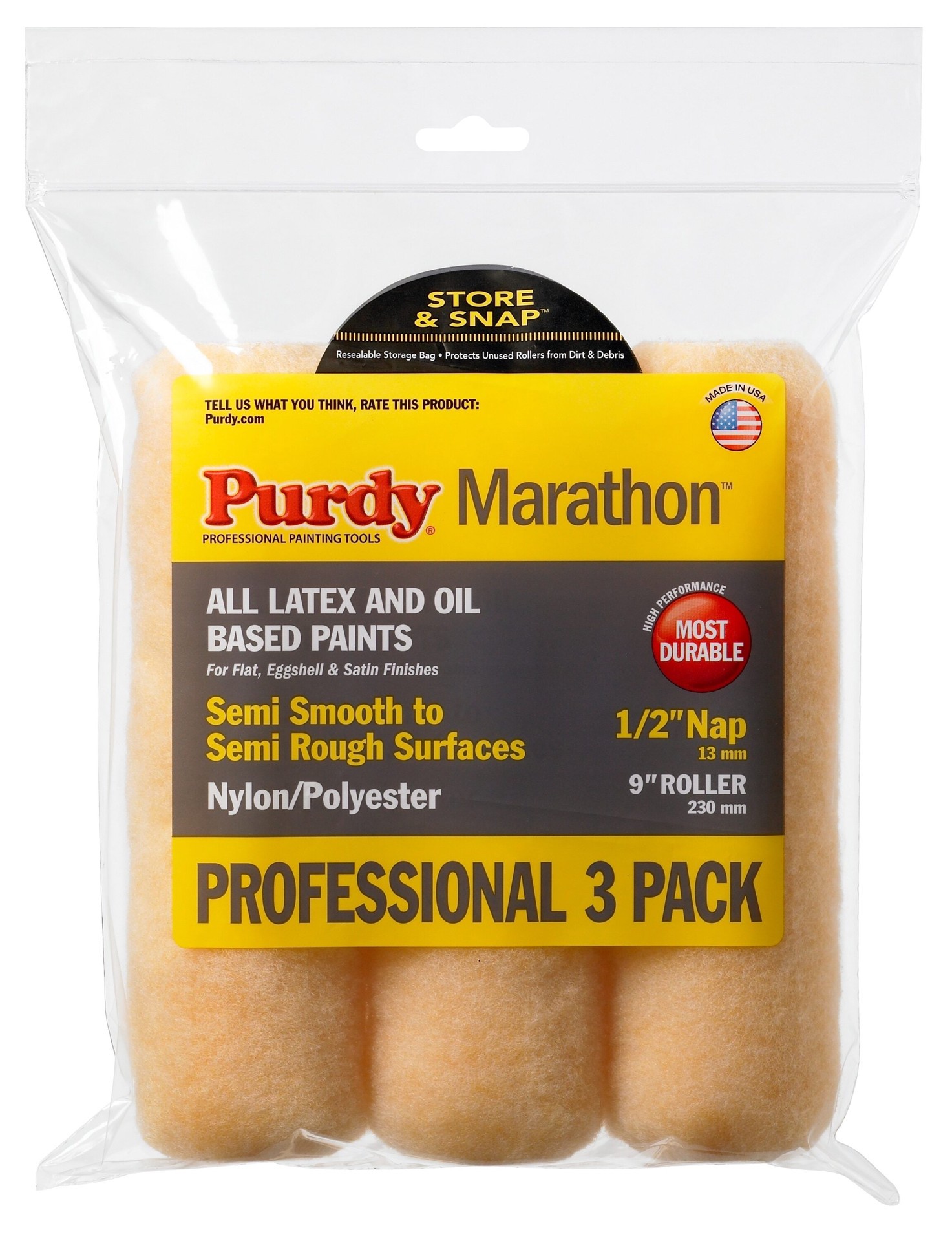 slide 1 of 6, Purdy 3 -Pack 9.0-in x 1/2-in Nap Marathon Standard Knit Paint Roller Cover, 1 ct