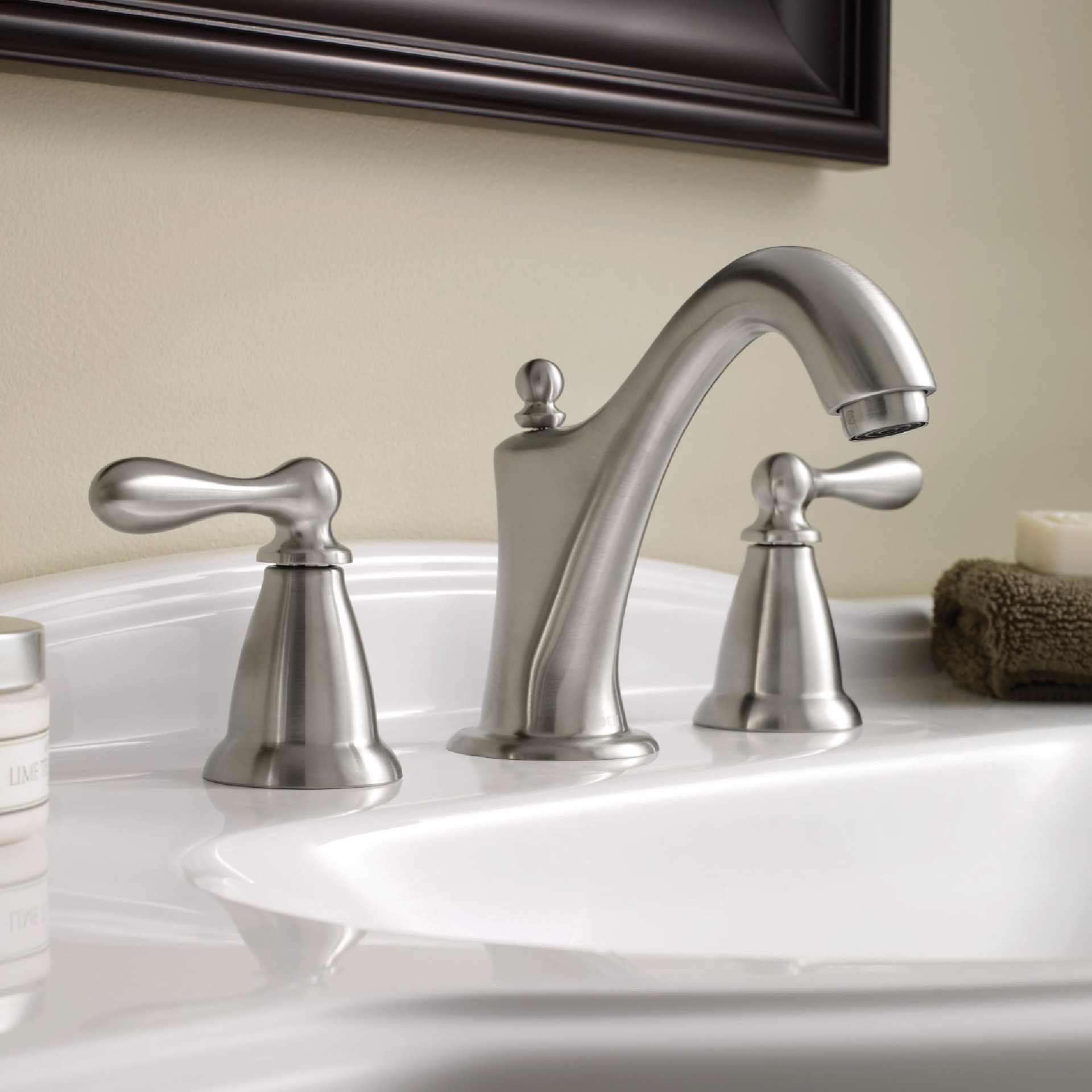 slide 1 of 6, Moen Caldwell Spot Resist Brushed Nickel Widespread 2-handle WaterSense Mid-arc Commercial/Residential Handle Bathroom Sink Faucet with Drain, 1 ct