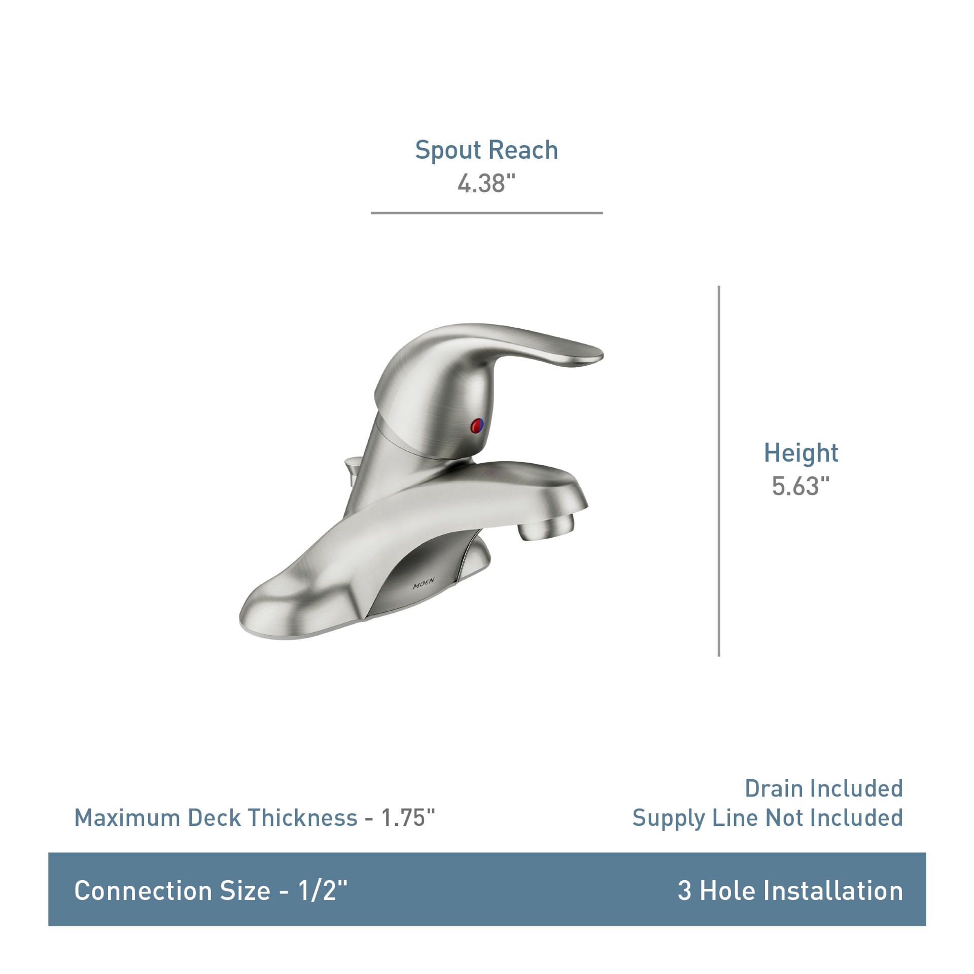 slide 6 of 6, Moen Adler Spot Resist Brushed Nickel 4-in centerset 1-handle WaterSense Low-arc Commercial/Residential Handle Bathroom Sink Faucet with Drain, 1 ct