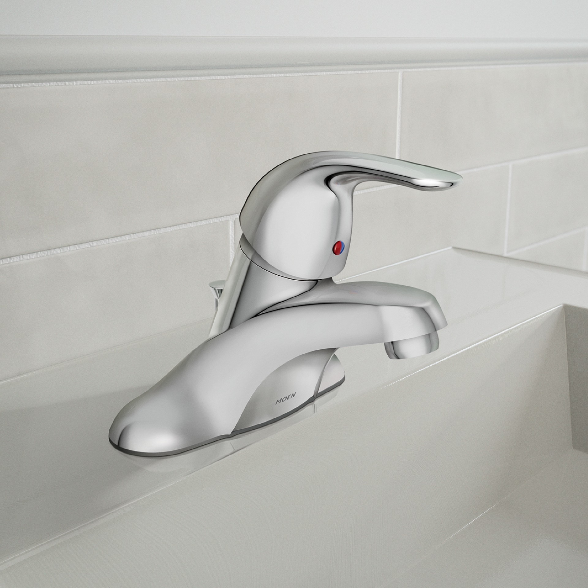 slide 1 of 6, Moen Adler Chrome 4-in centerset 1-handle WaterSense Low-arc Commercial/Residential Handle Bathroom Sink Faucet with Drain, 1 ct