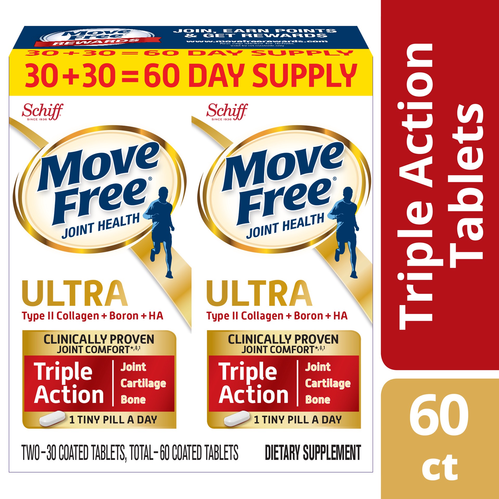 slide 1 of 3, MOVEFREE Move Free Ultra Triple Action Joint Support Tablets (60 count value pack), With Type II Collagen, Boron and HA, 1 Tiny Pill Per Day, 60 ct