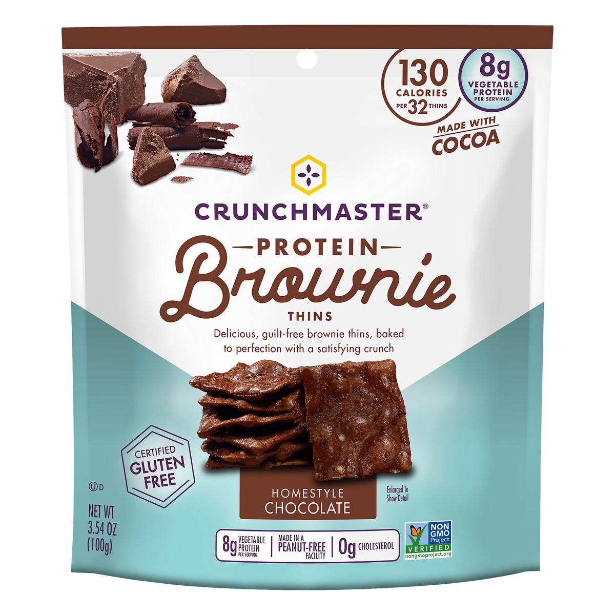 slide 1 of 10, Crunchmaster Homestyle Milk Chocolate Protein Brownie Thins, 3.54 oz