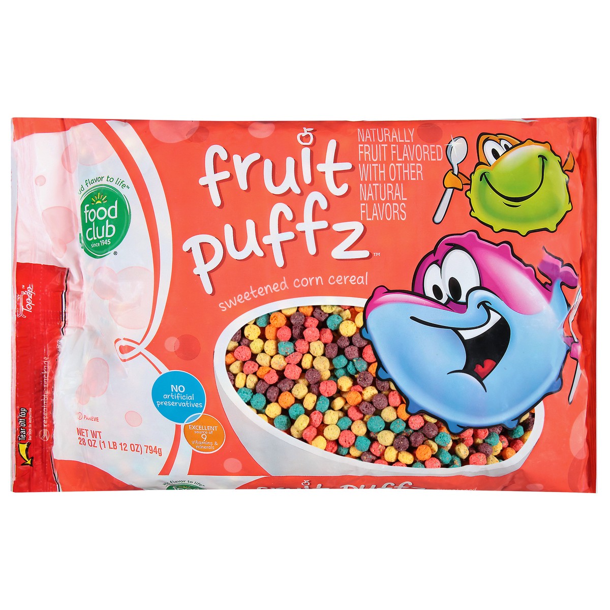 slide 1 of 11, Food Club Fruit Puffz Sweetened Corn Cereal, 10 ct