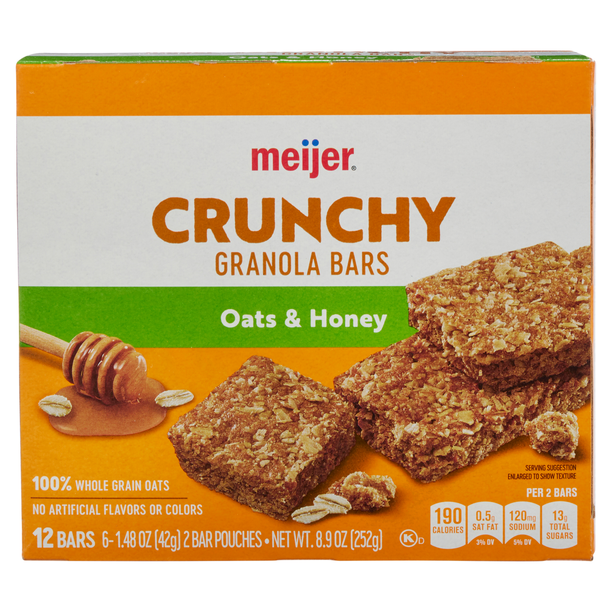 slide 1 of 5, Meijer Crunchy Granola Bars, Oats & Honey, 6-2 Bar Pouches, 6/1.48OZ  