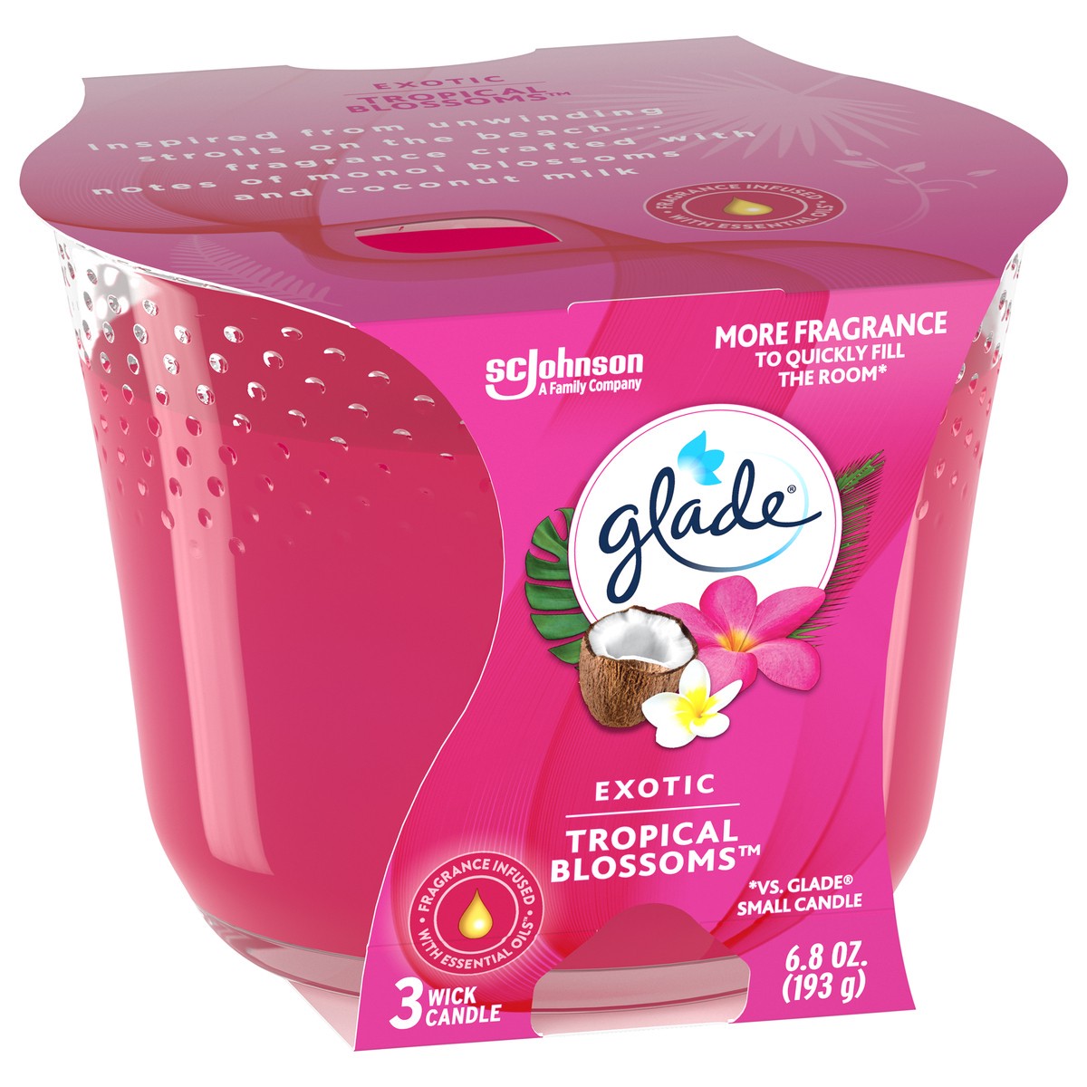 slide 4 of 5, Glade Scented 3-Wick Candle Jar, Exotic Tropical Blossoms, Fragrance Infused with Essential Oils, 6.8 oz, 6.8 oz