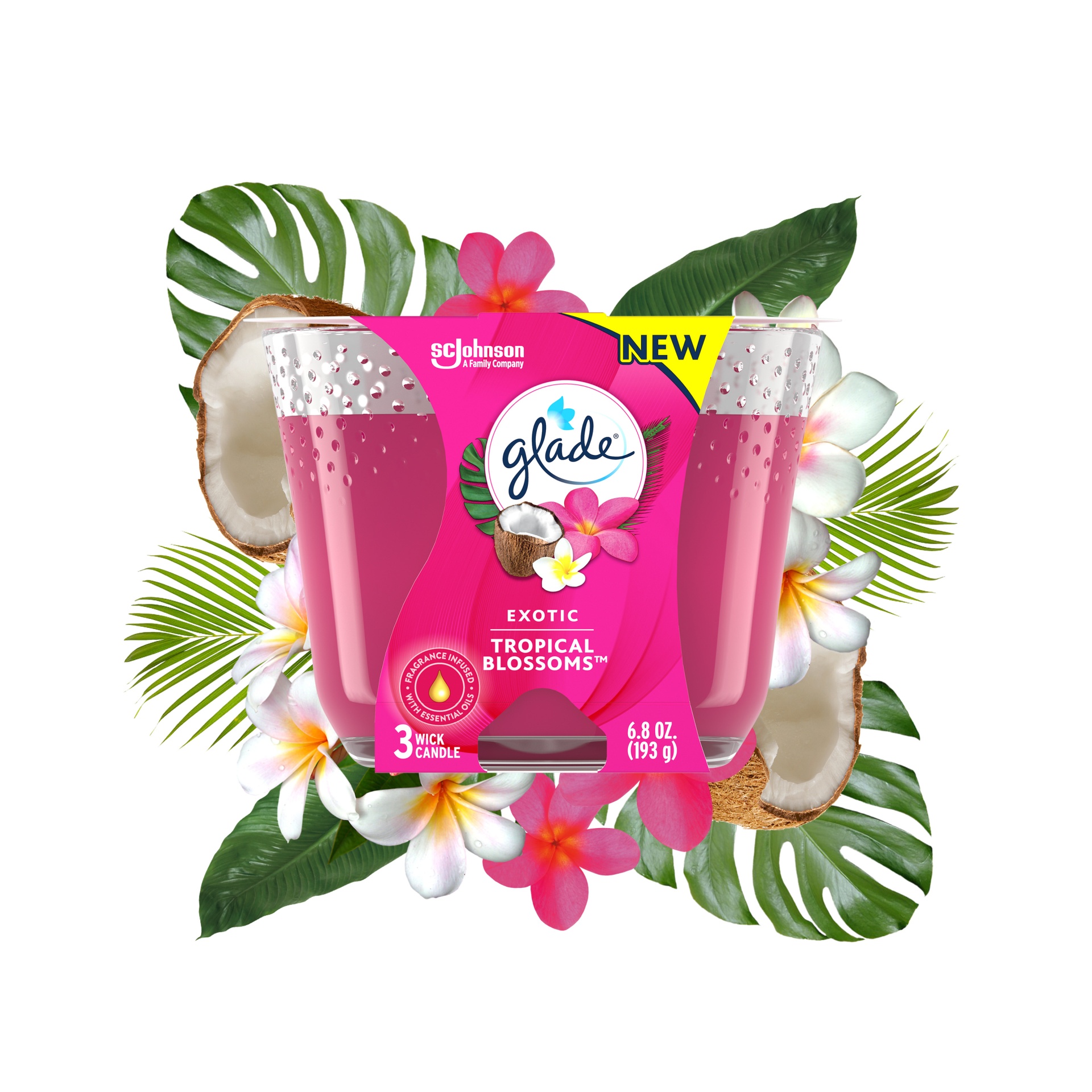 slide 1 of 7, Glade Exotic Tropical Blossoms 3 Wick Candle, 6.8 oz
