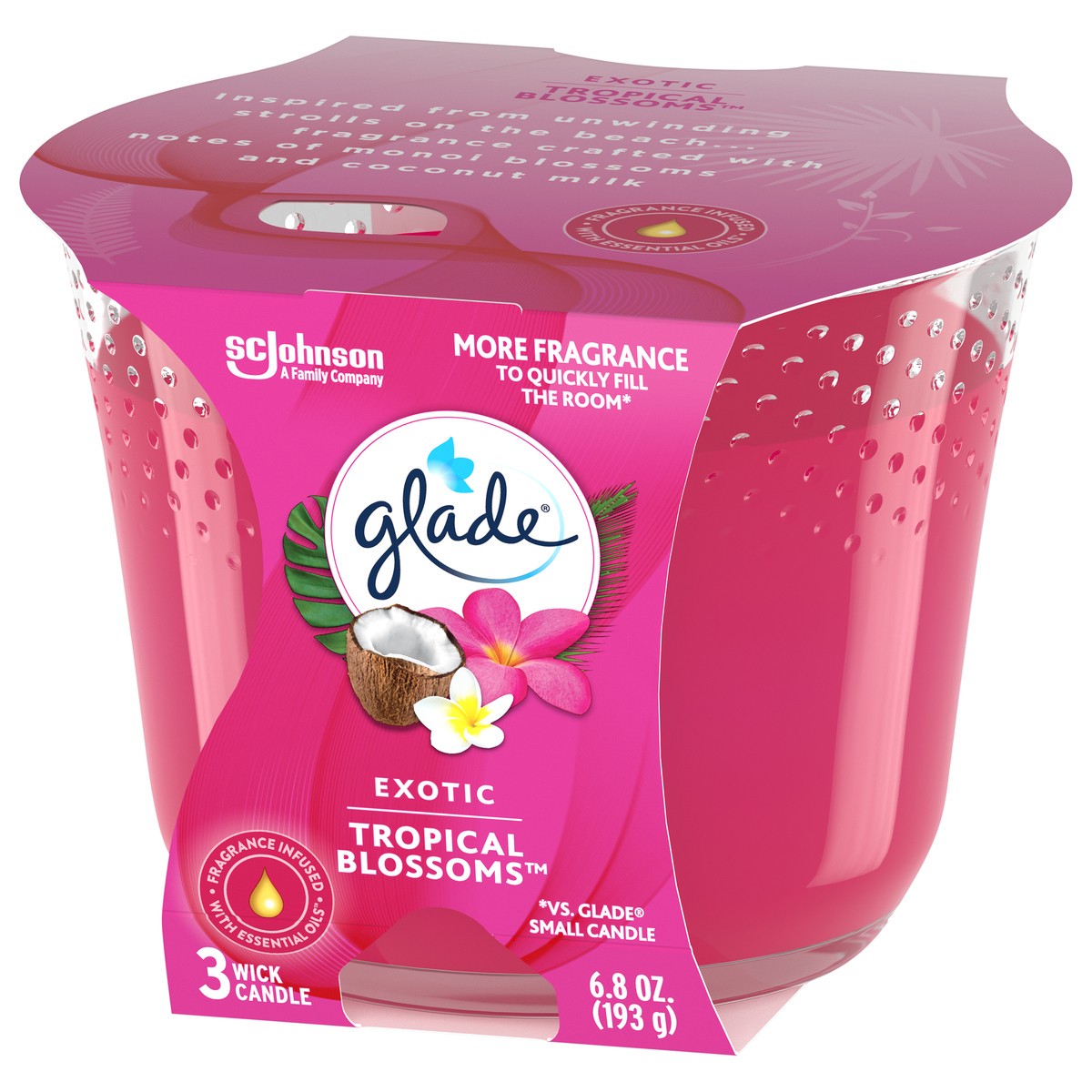 slide 5 of 5, Glade Scented 3-Wick Candle Jar, Exotic Tropical Blossoms, Fragrance Infused with Essential Oils, 6.8 oz, 6.8 oz