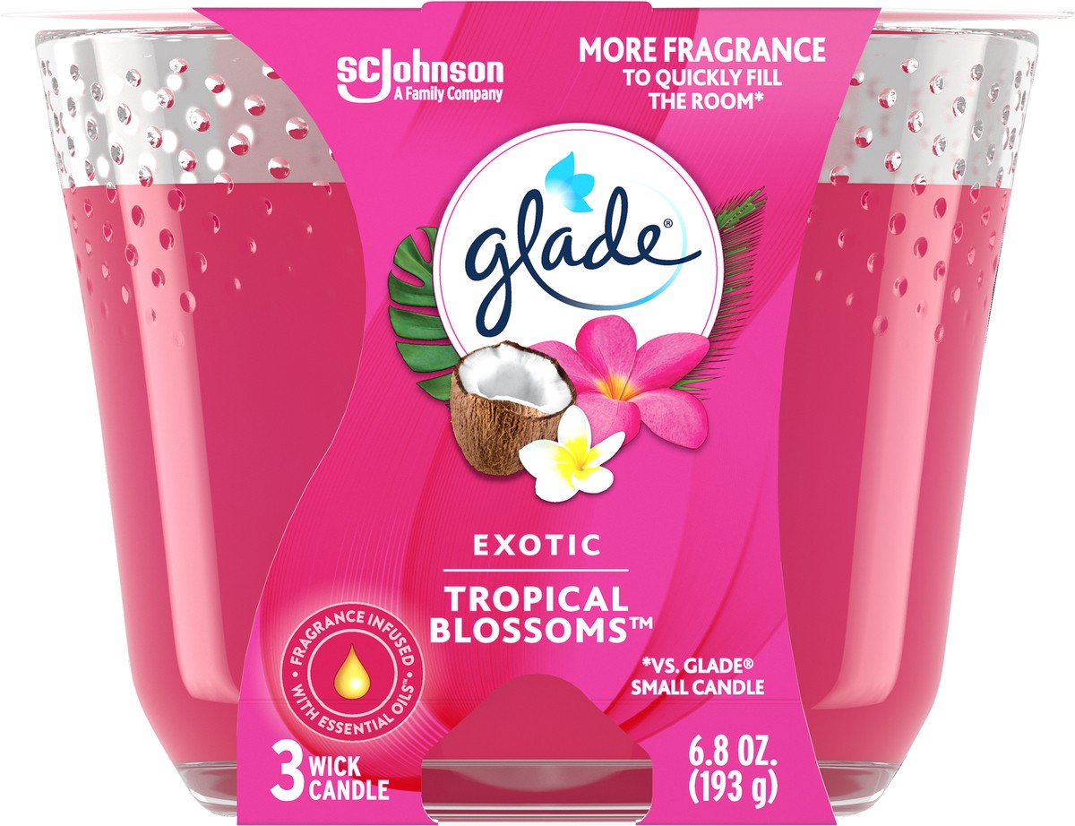 slide 3 of 5, Glade Scented 3-Wick Candle Jar, Exotic Tropical Blossoms, Fragrance Infused with Essential Oils, 6.8 oz, 6.8 oz