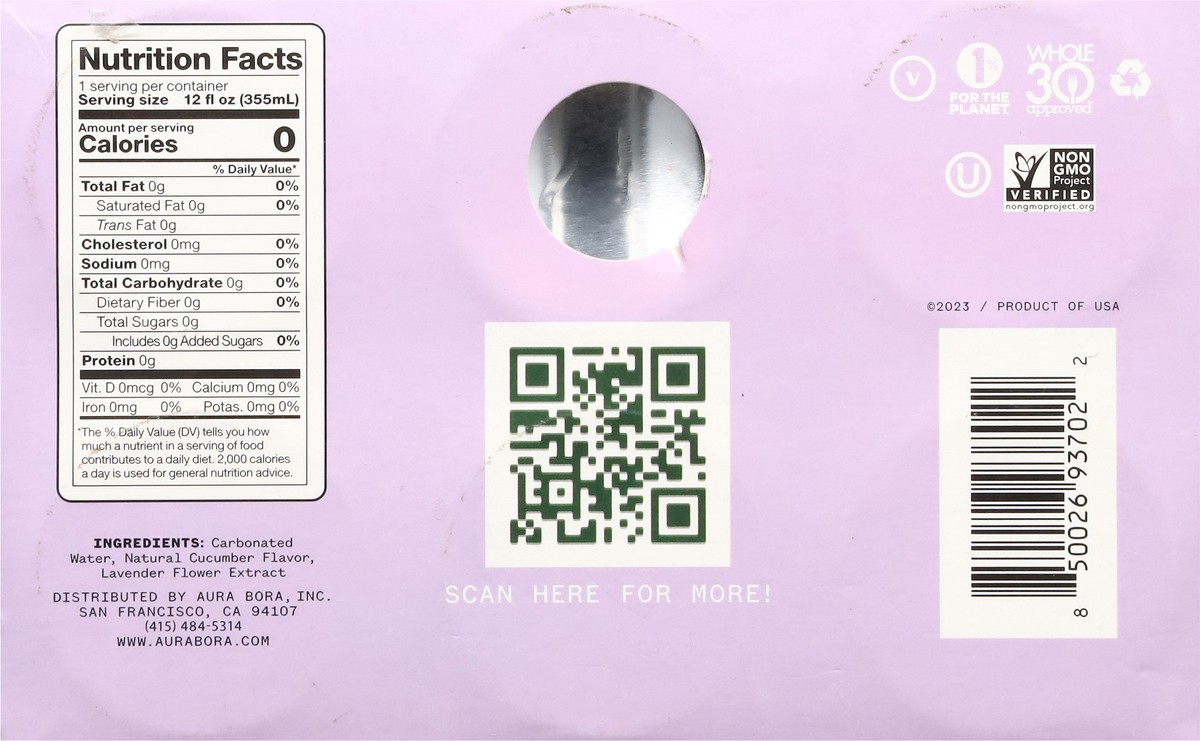 slide 6 of 13, Aura Bora Herbal Lavender Cucumber Sparkling Water 6 - 12 fl oz Cans, 72 fl oz