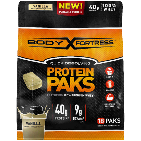 slide 1 of 1, Body Fortress Vanilla Protein Paks, 18 ct