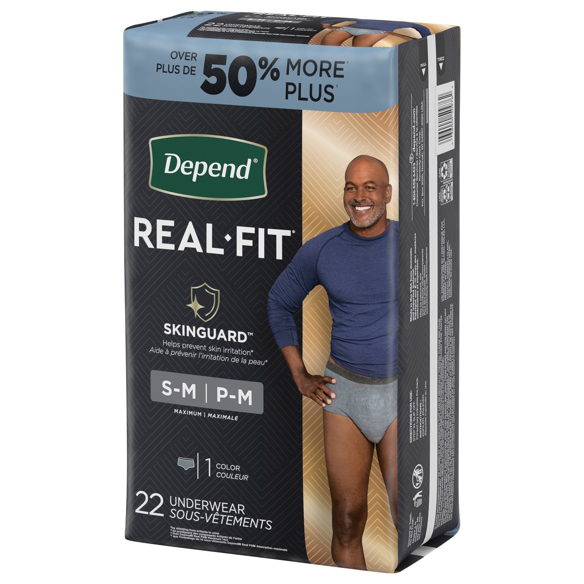 slide 3 of 9, Depend Real Fit Incontinence Underwear for Men, Small/Medium (28–40" Waist), 22 Count, 22 ct