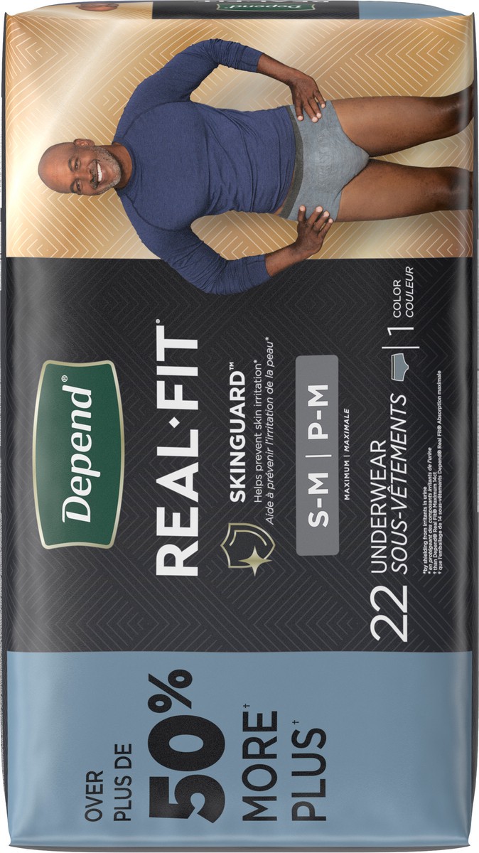 slide 5 of 9, Depend Real Fit Incontinence Underwear for Men, Small/Medium (28–40" Waist), 22 Count, 22 ct