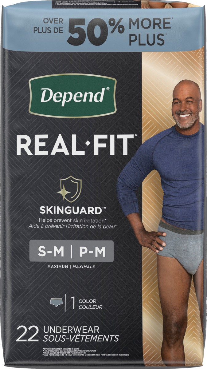 slide 2 of 9, Depend Real Fit Incontinence Underwear for Men, Small/Medium (28–40" Waist), 22 Count, 22 ct