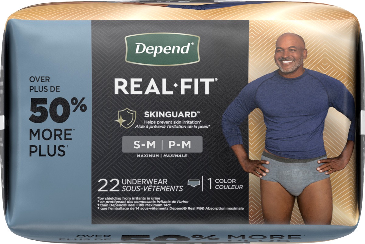 slide 6 of 9, Depend Real Fit Incontinence Underwear for Men, Small/Medium (28–40" Waist), 22 Count, 22 ct