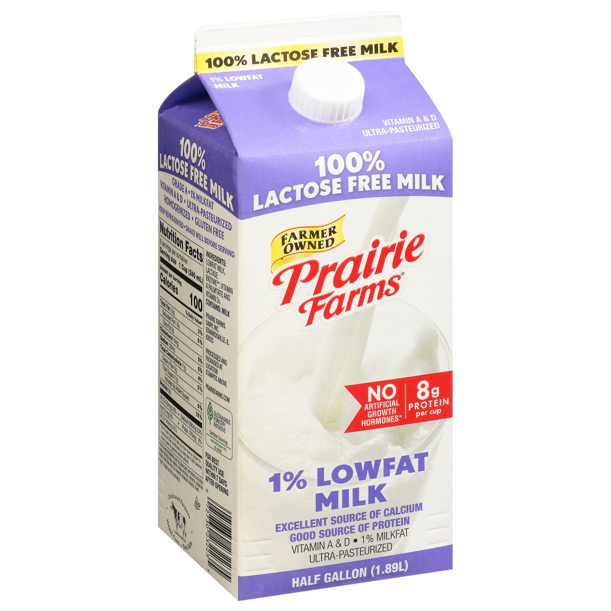 slide 7 of 9, Prairie Farms 100% Lactose Free 1% Lowfat Milk 0.5 gl Carton, 1/2 gal