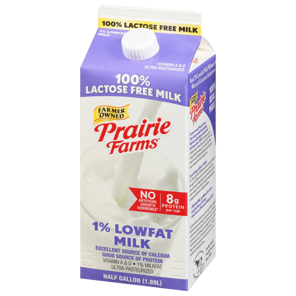slide 2 of 9, Prairie Farms 100% Lactose Free 1% Lowfat Milk 0.5 gl Carton, 1/2 gal