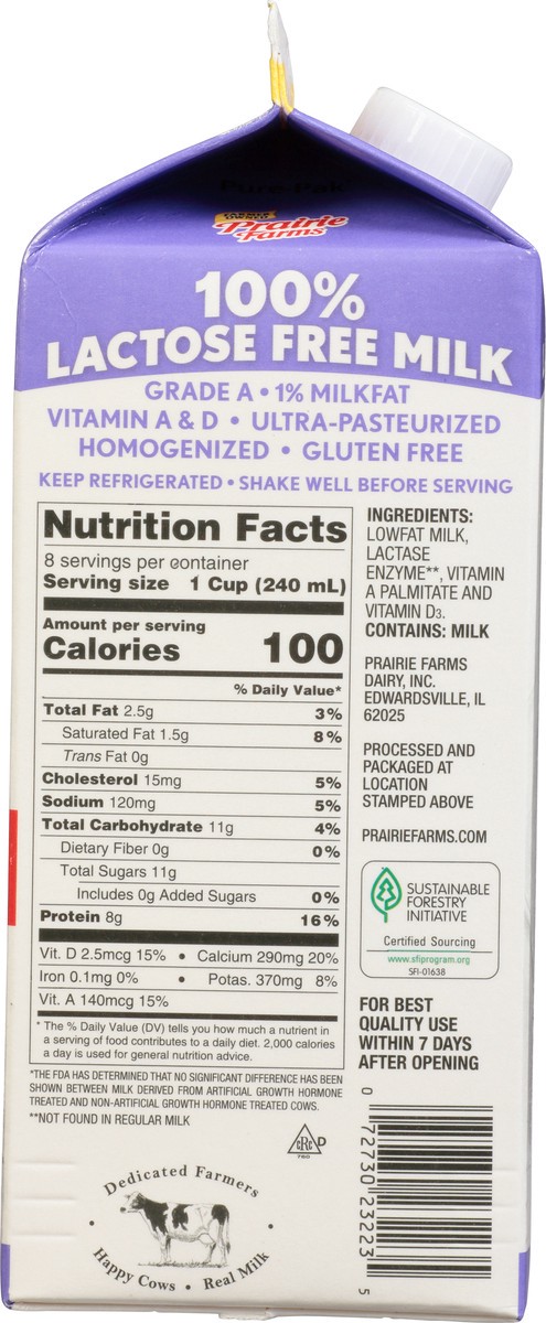 slide 9 of 9, Prairie Farms 100% Lactose Free 1% Lowfat Milk 0.5 gl Carton, 1/2 gal