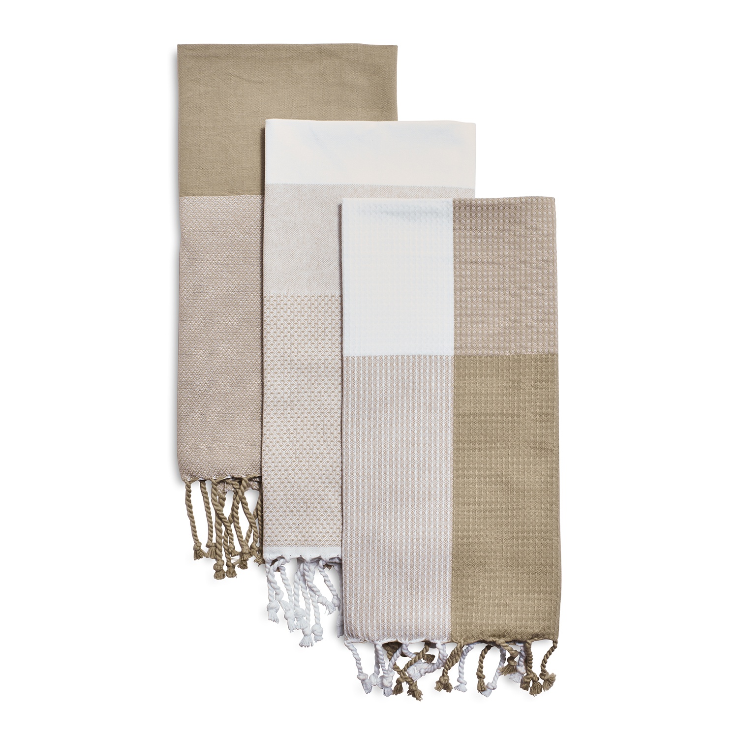 slide 1 of 1, Sur La Table Assorted Tassel Towels, Khaki, 3 ct; 28 in x 20 in