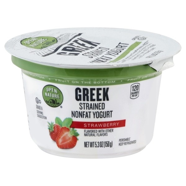 Open Nature Yogurt Greek Nonfat Strained Fruit on the Bottom Strawberry
