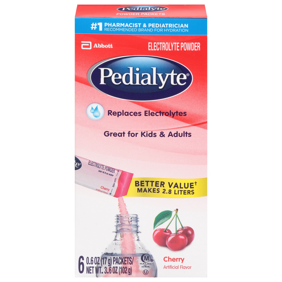 slide 1 of 9, Pedialyte Cherry Flavor Electrolyte Powder 6 - 0.06 oz Packets, 6 ct