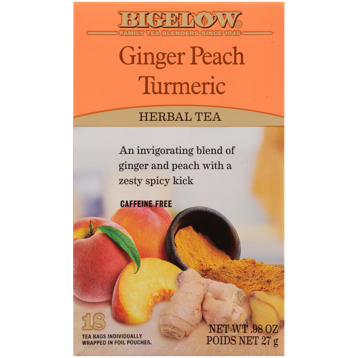 slide 1 of 10, Bigelow Ginger Peach Turmeric, Caffeine Free Herbal Tea, Tea bags, 18 TB, 18 individually wrapped tea bags, 1 ct