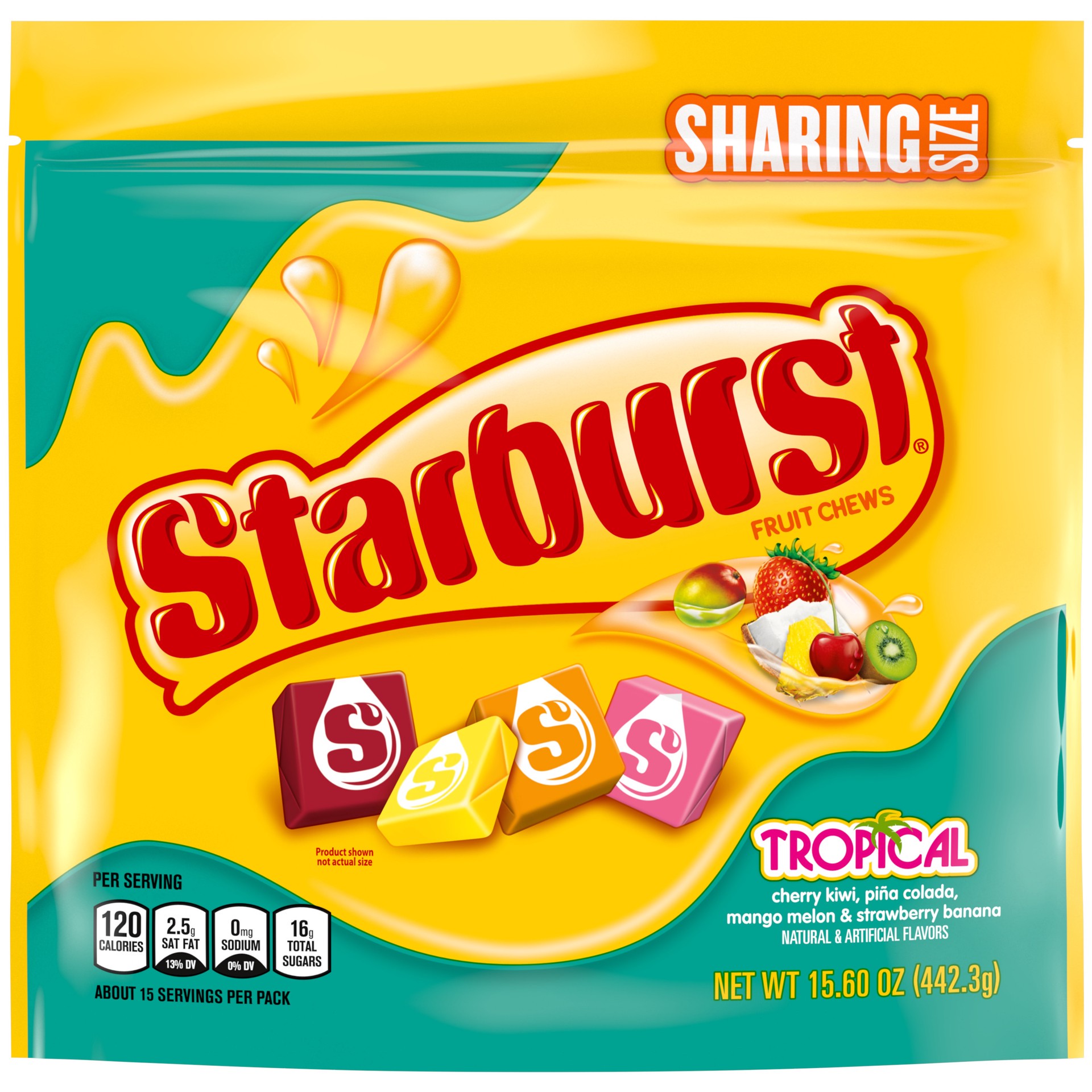 slide 1 of 5, Starburst Tropical Fruit Chews Candy Assortment, Sharing Size, 15.6 oz Resealable Bag, 15.6 oz