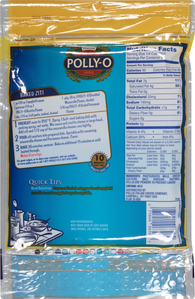 slide 8 of 8, Polly-O Low Moisture Whole Milk Mozzarella Shredded Cheese 8 oz, 8 oz