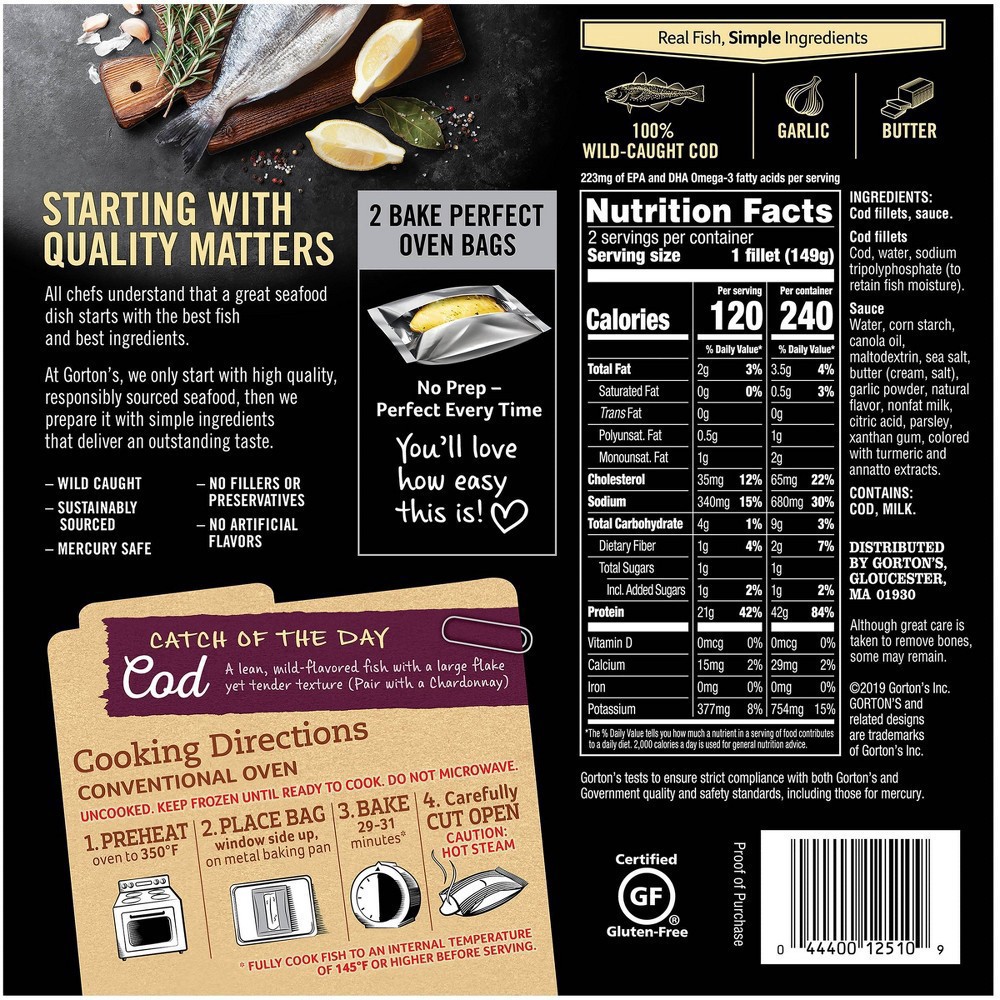 slide 2 of 3, Gorton's Simply Bake Cod Garlic Butter Fish Fillets 2 ea, 9 oz