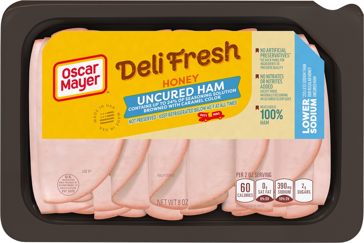 slide 6 of 9, Oscar Mayer Deli Fresh Honey Uncured Ham Sliced Lunch Meat with 27% Lower Sodium, 8 oz. Tray, 8 oz