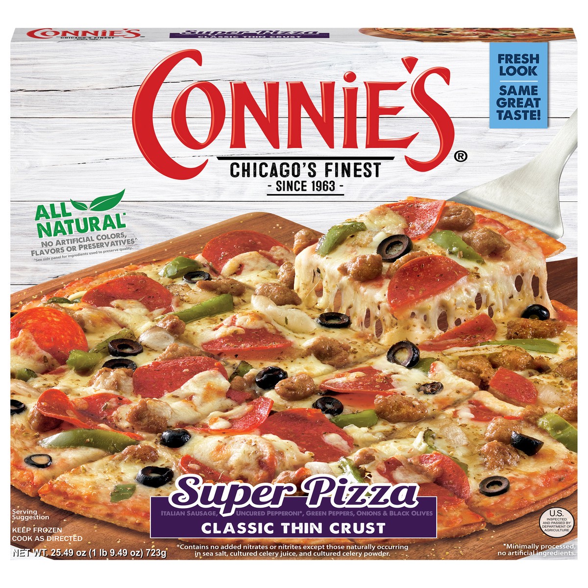 slide 1 of 14, Connie's Classic Thin Crust Super Pizza 25.49 oz, 25.49 oz