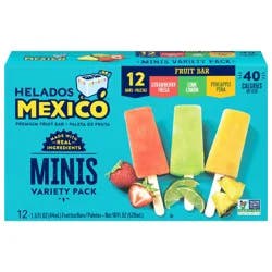 Helados Mexico Premium Strawberry/Lime/Pineapple Fruit Ice Bars Minis Variety Pack 12 - 1.5 fl oz Bars